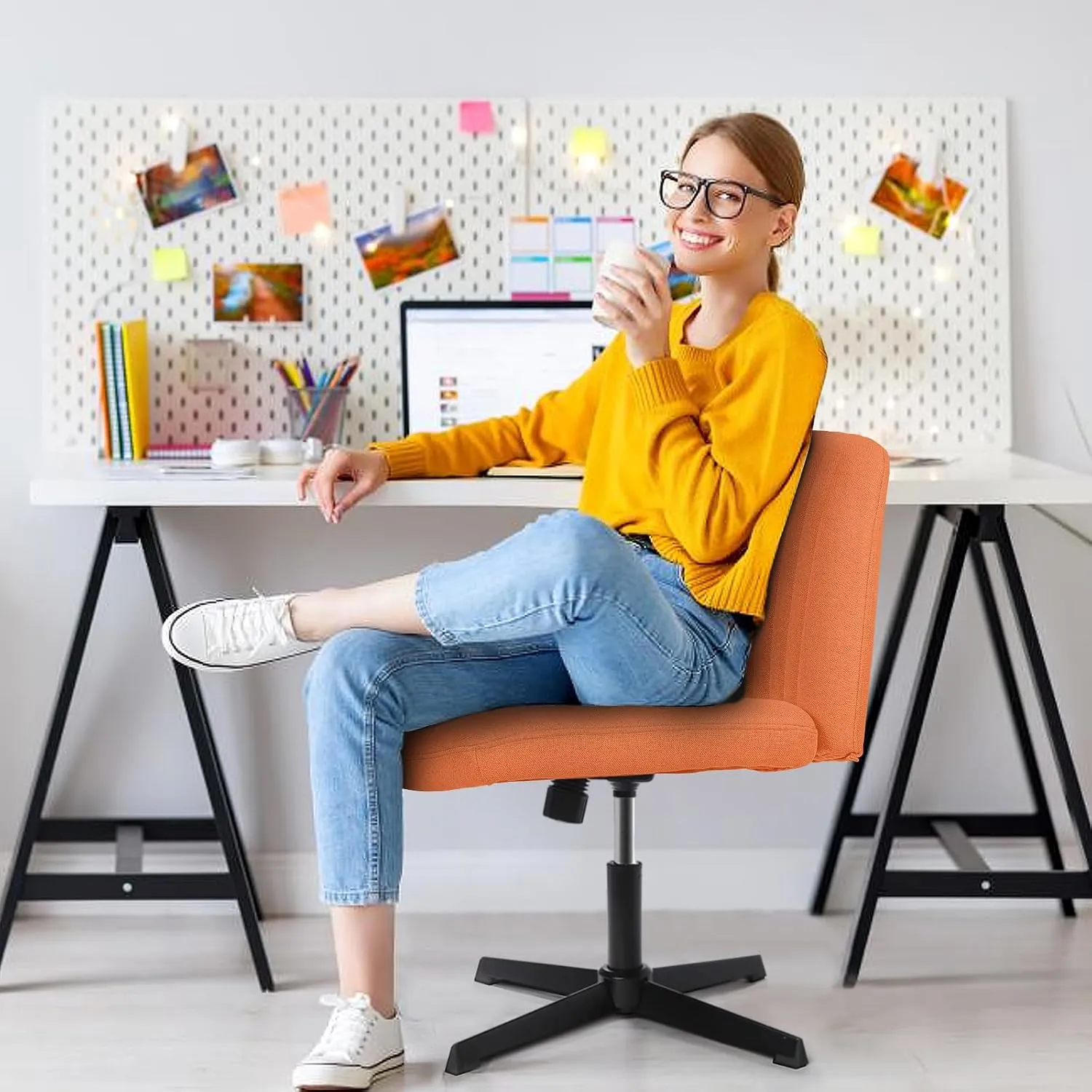 LEMBERI Fabric Padded Desk Chair No Wheels, Armless Wide Swivel Home Office Desk Chair,120° Rocking Mid Back Ergonomic Computer Task Vanity Chair for Office, Home, Make Up,Small Space (Brown)