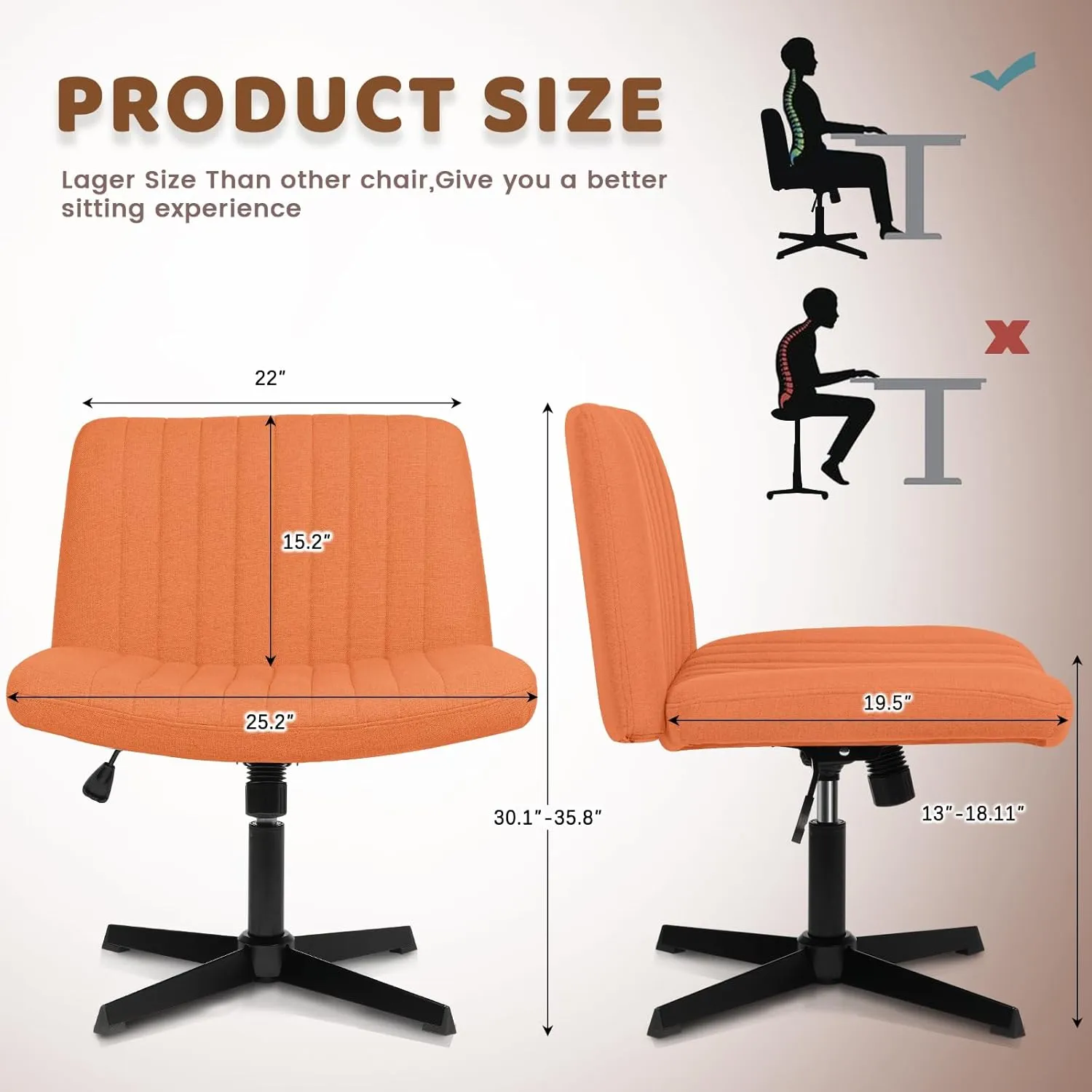 LEMBERI Fabric Padded Desk Chair No Wheels, Armless Wide Swivel Home Office Desk Chair,120° Rocking Mid Back Ergonomic Computer Task Vanity Chair for Office, Home, Make Up,Small Space (Brown)