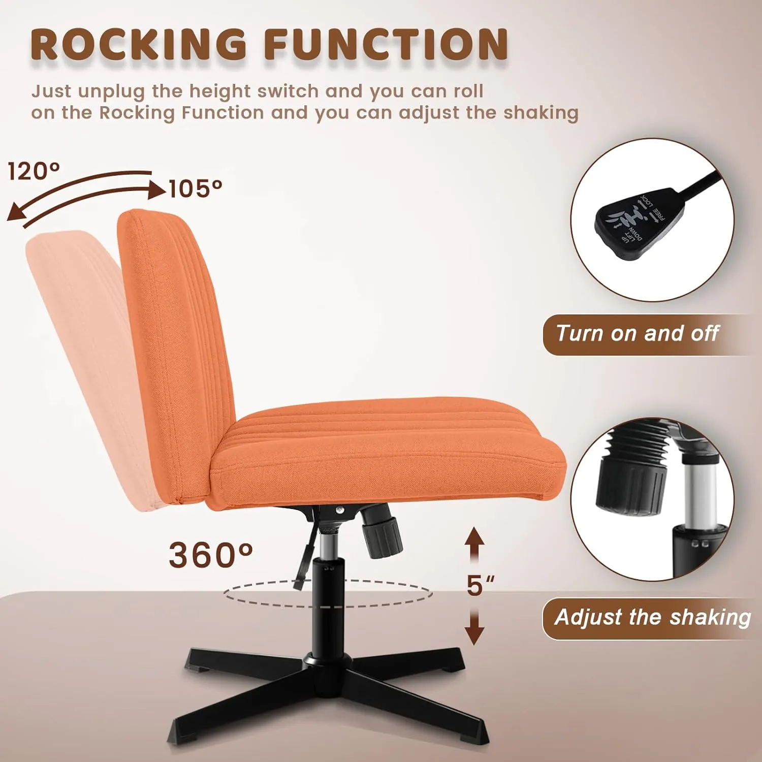 LEMBERI Fabric Padded Desk Chair No Wheels, Armless Wide Swivel Home Office Desk Chair,120° Rocking Mid Back Ergonomic Computer Task Vanity Chair for Office, Home, Make Up,Small Space (Brown)