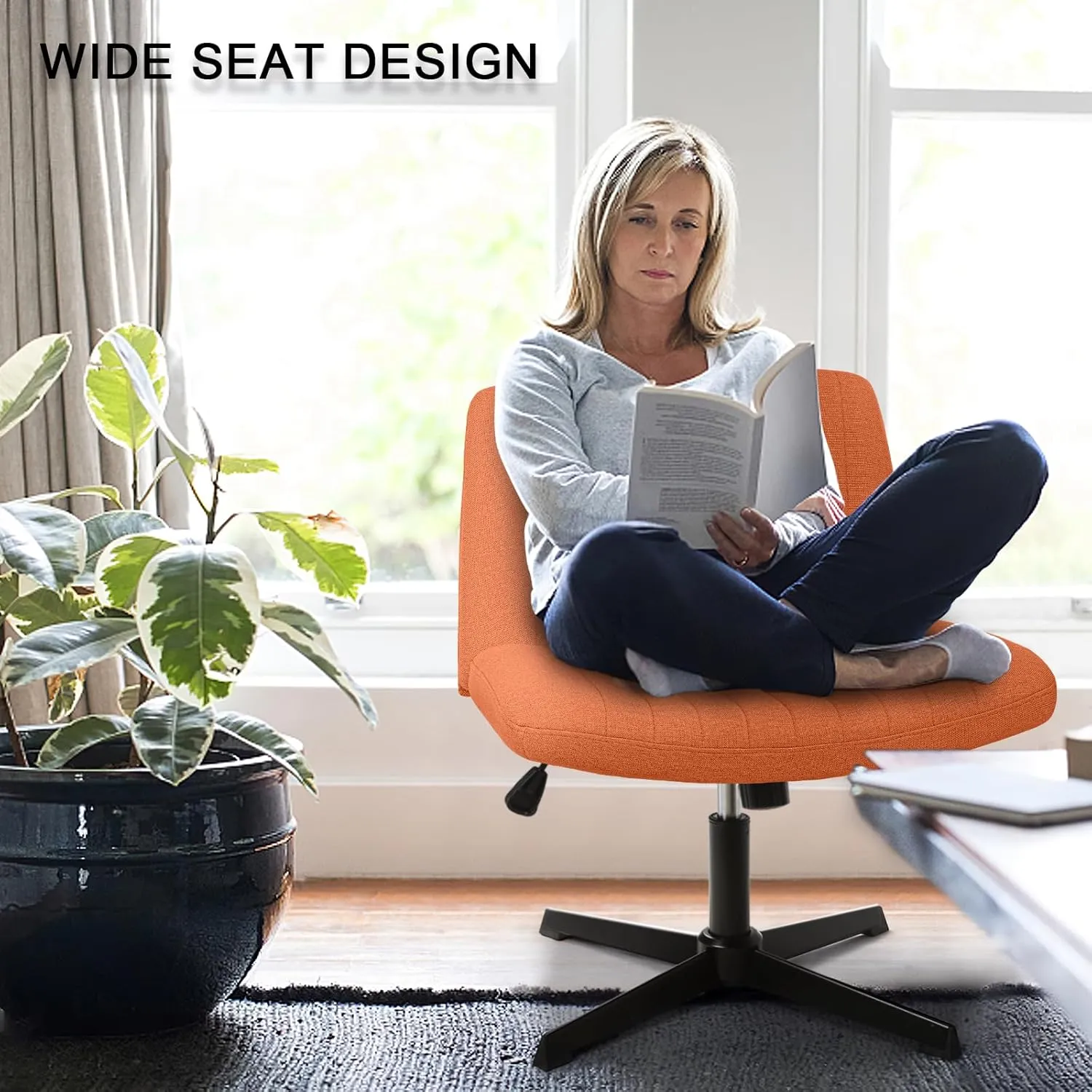 LEMBERI Fabric Padded Desk Chair No Wheels, Armless Wide Swivel Home Office Desk Chair,120° Rocking Mid Back Ergonomic Computer Task Vanity Chair for Office, Home, Make Up,Small Space (Brown)