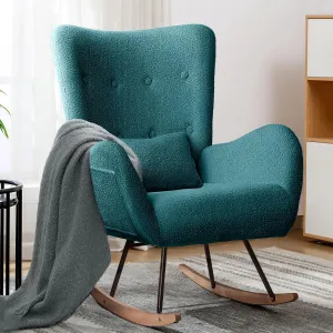 LEMBERI Rocking Chair Nursery, Teddy Upholstered Padded Seat Rocking Chair with Headrest, High Backrest Glider Accent Chair for Bedroom, Nursery, Living Room (Dark Green)