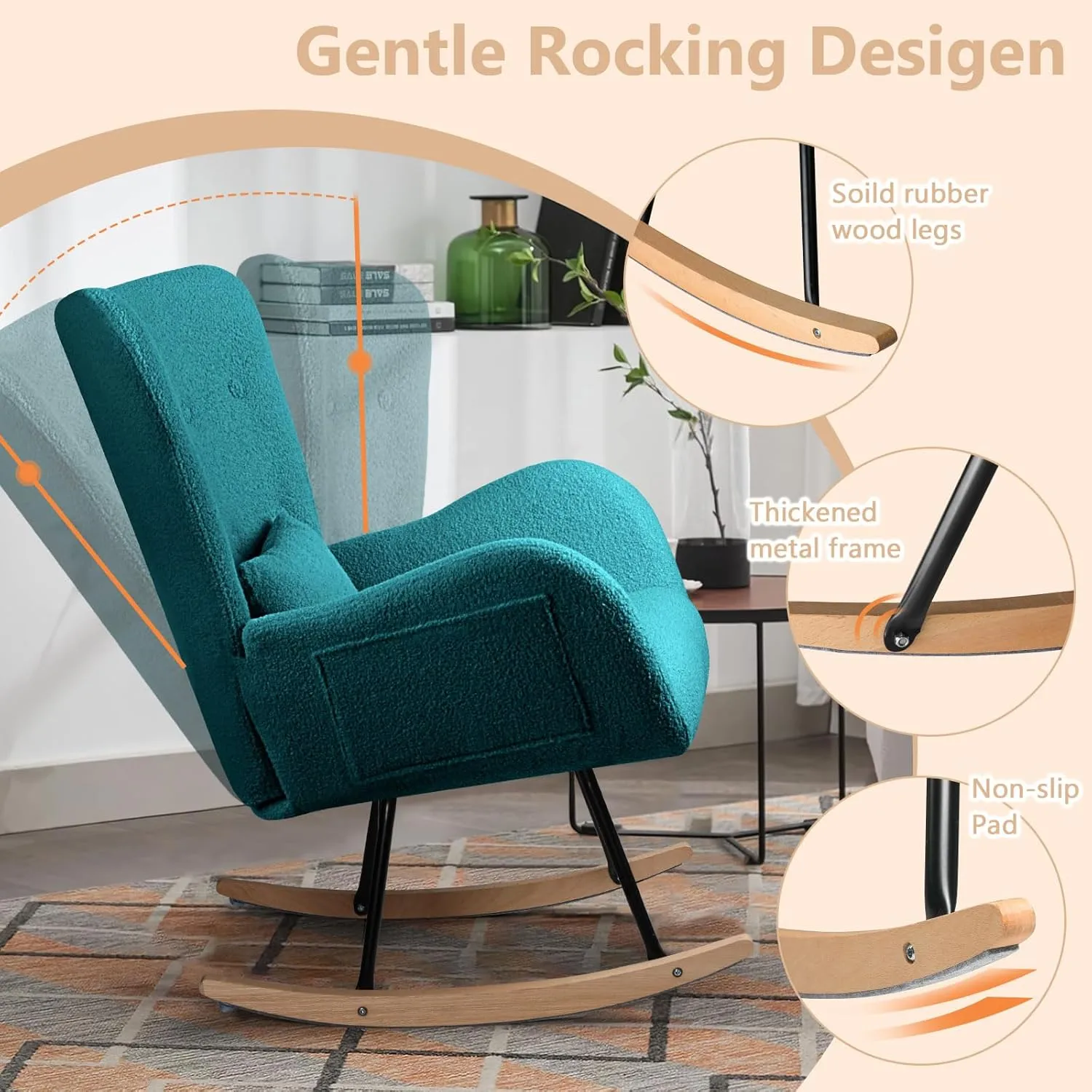 LEMBERI Rocking Chair Nursery, Teddy Upholstered Padded Seat Rocking Chair with Headrest, High Backrest Glider Accent Chair for Bedroom, Nursery, Living Room (Dark Green)