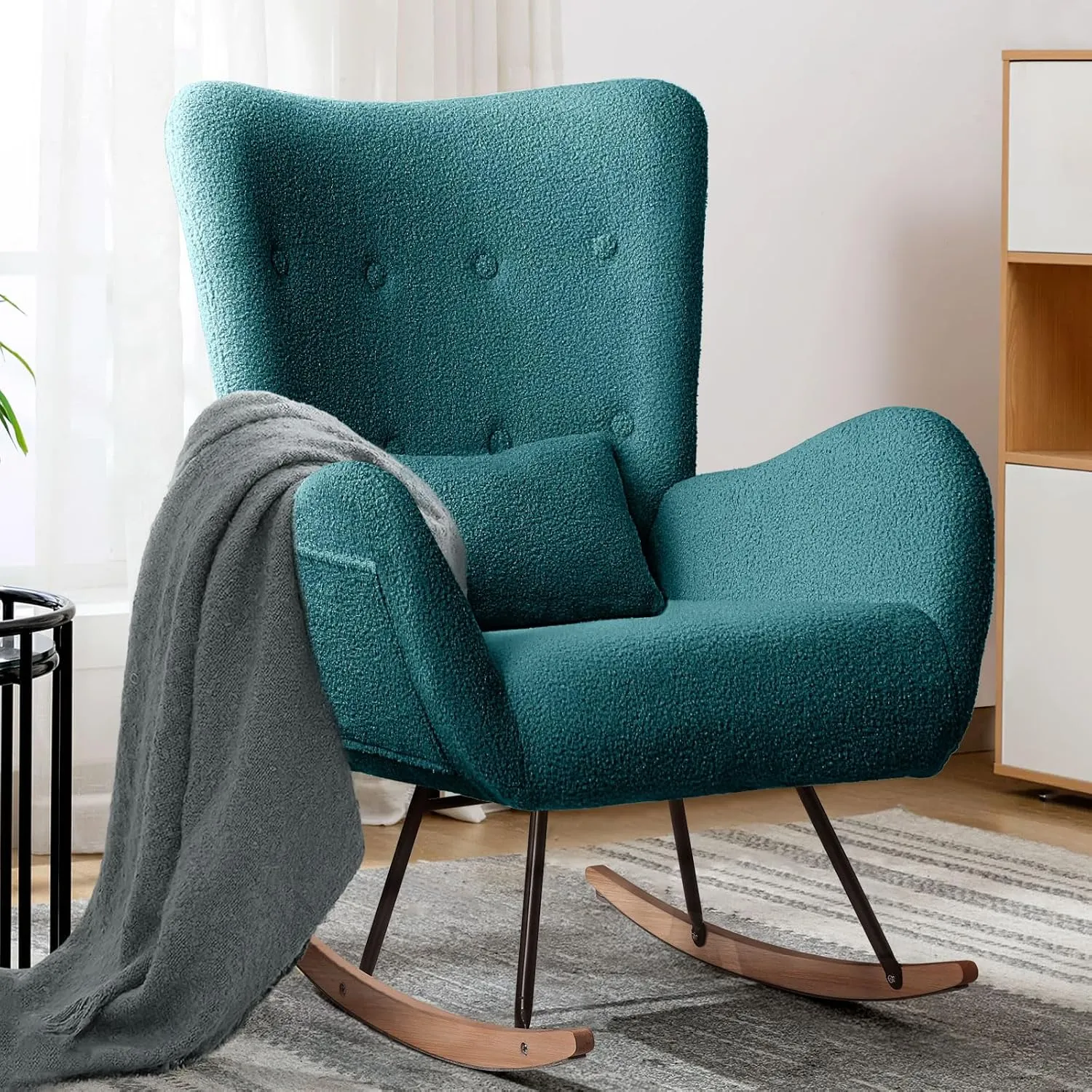 LEMBERI Rocking Chair Nursery, Teddy Upholstered Padded Seat Rocking Chair with Headrest, High Backrest Glider Accent Chair for Bedroom, Nursery, Living Room (Dark Green)