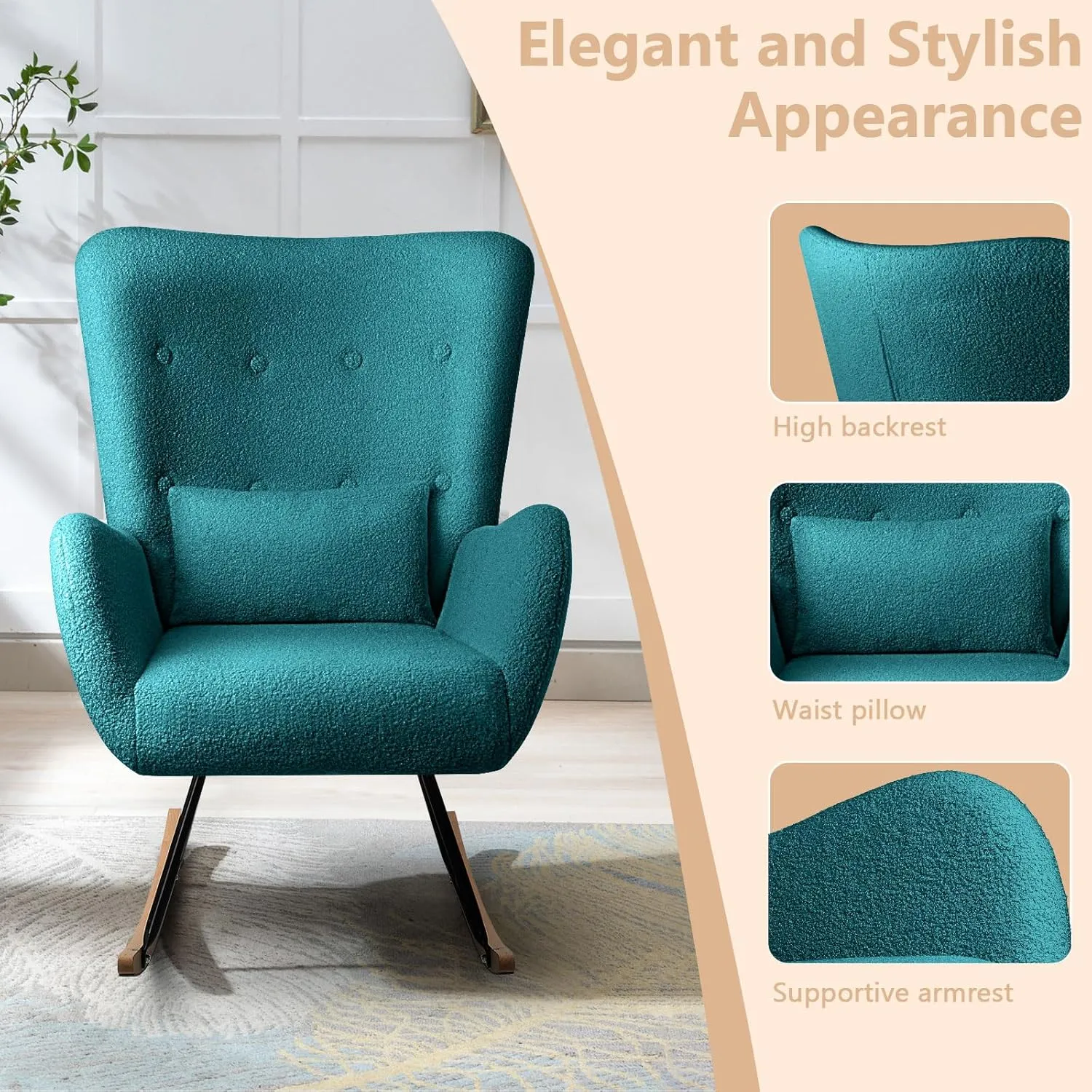 LEMBERI Rocking Chair Nursery, Teddy Upholstered Padded Seat Rocking Chair with Headrest, High Backrest Glider Accent Chair for Bedroom, Nursery, Living Room (Dark Green)