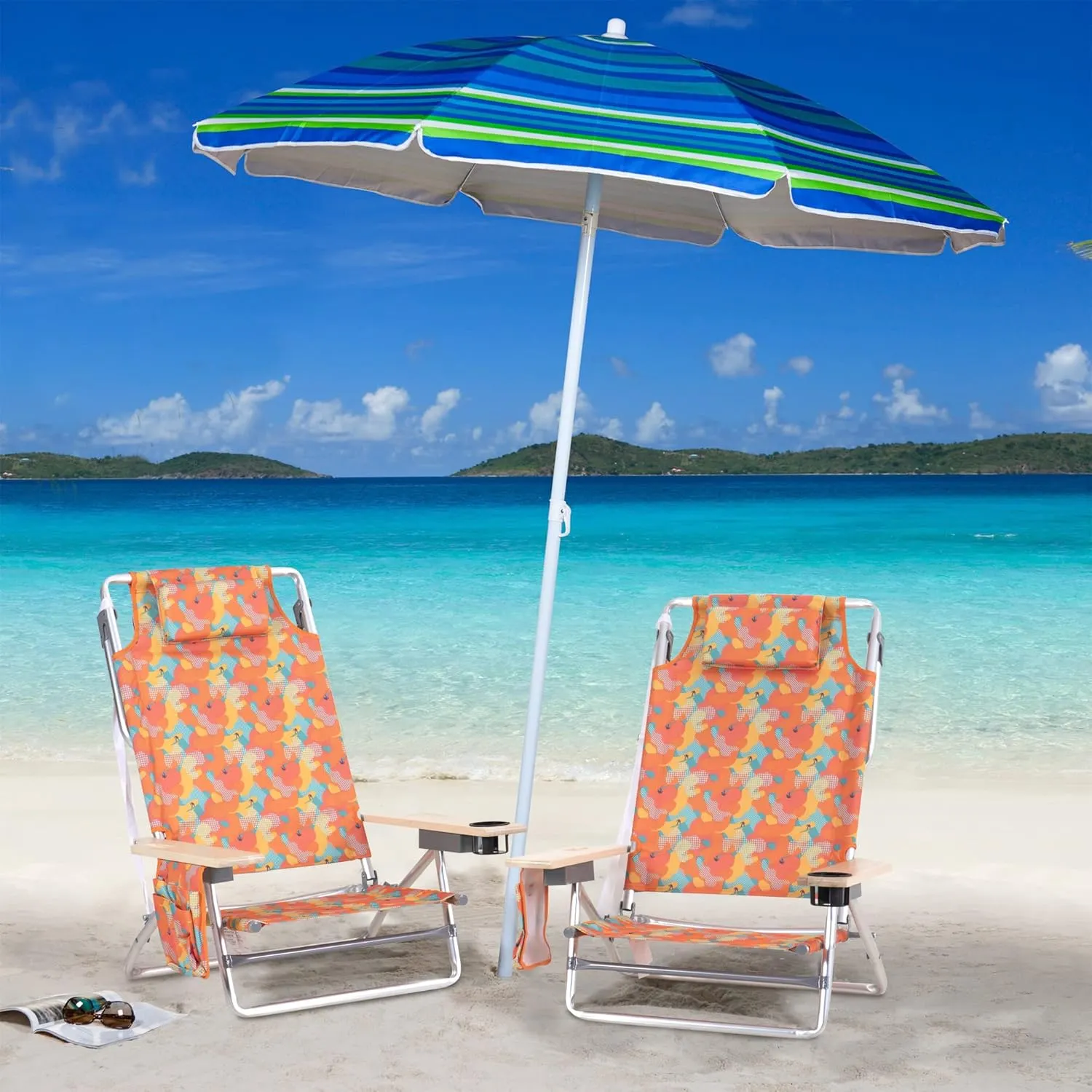LET'S CAMP Backpack Beach Chair Set of 2, 5-Position Classic Lay Flat, Insulated Cooler Bag, Cup Holder, Storage Pouch and Tower Bar, Support 250LBS, Camo