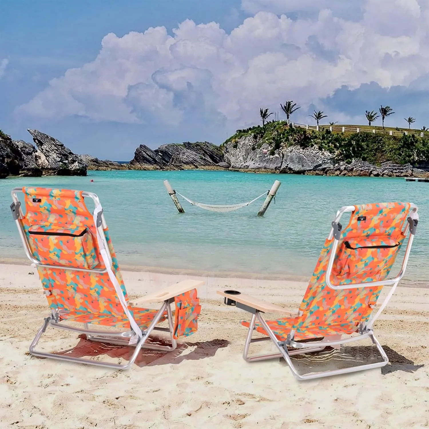 LET'S CAMP Backpack Beach Chair Set of 2, 5-Position Classic Lay Flat, Insulated Cooler Bag, Cup Holder, Storage Pouch and Tower Bar, Support 250LBS, Camo
