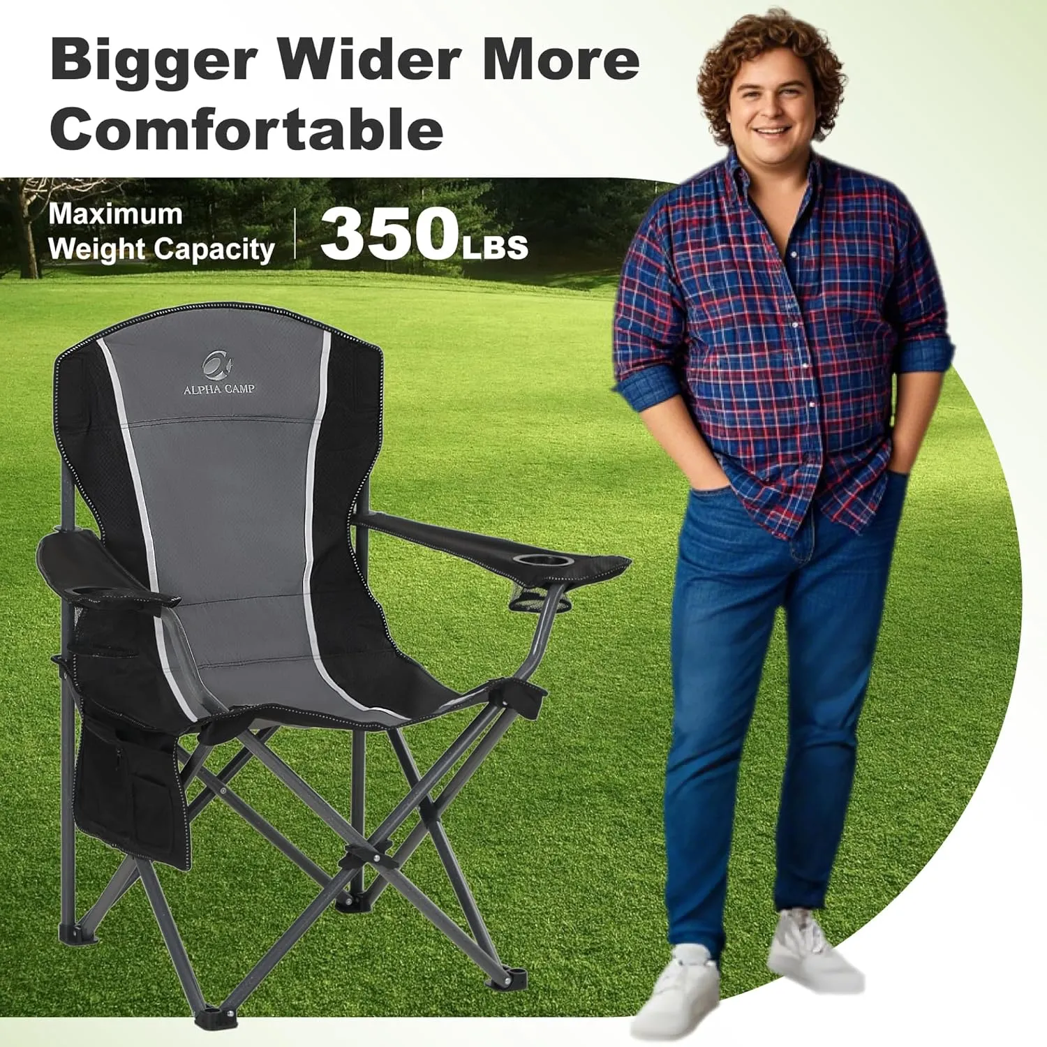 LET'S CAMP Oversized Outdoor Folding Camping Chair, 2 Pack Heavy Duty Arm Chairs with Cup Holder and Storage Bag, 350 LBS Weight Capacity, Grey