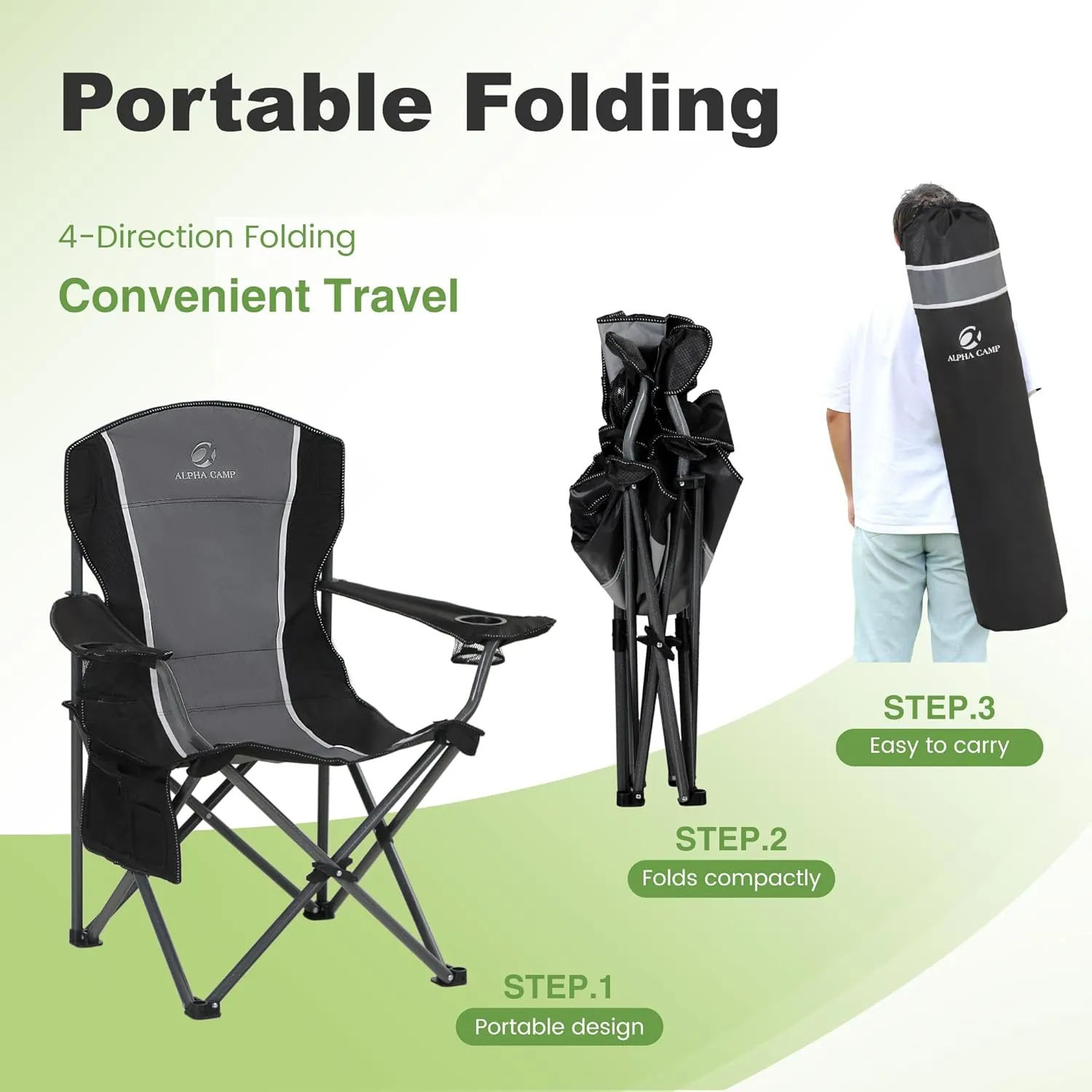 LET'S CAMP Oversized Outdoor Folding Camping Chair, 2 Pack Heavy Duty Arm Chairs with Cup Holder and Storage Bag, 350 LBS Weight Capacity, Grey