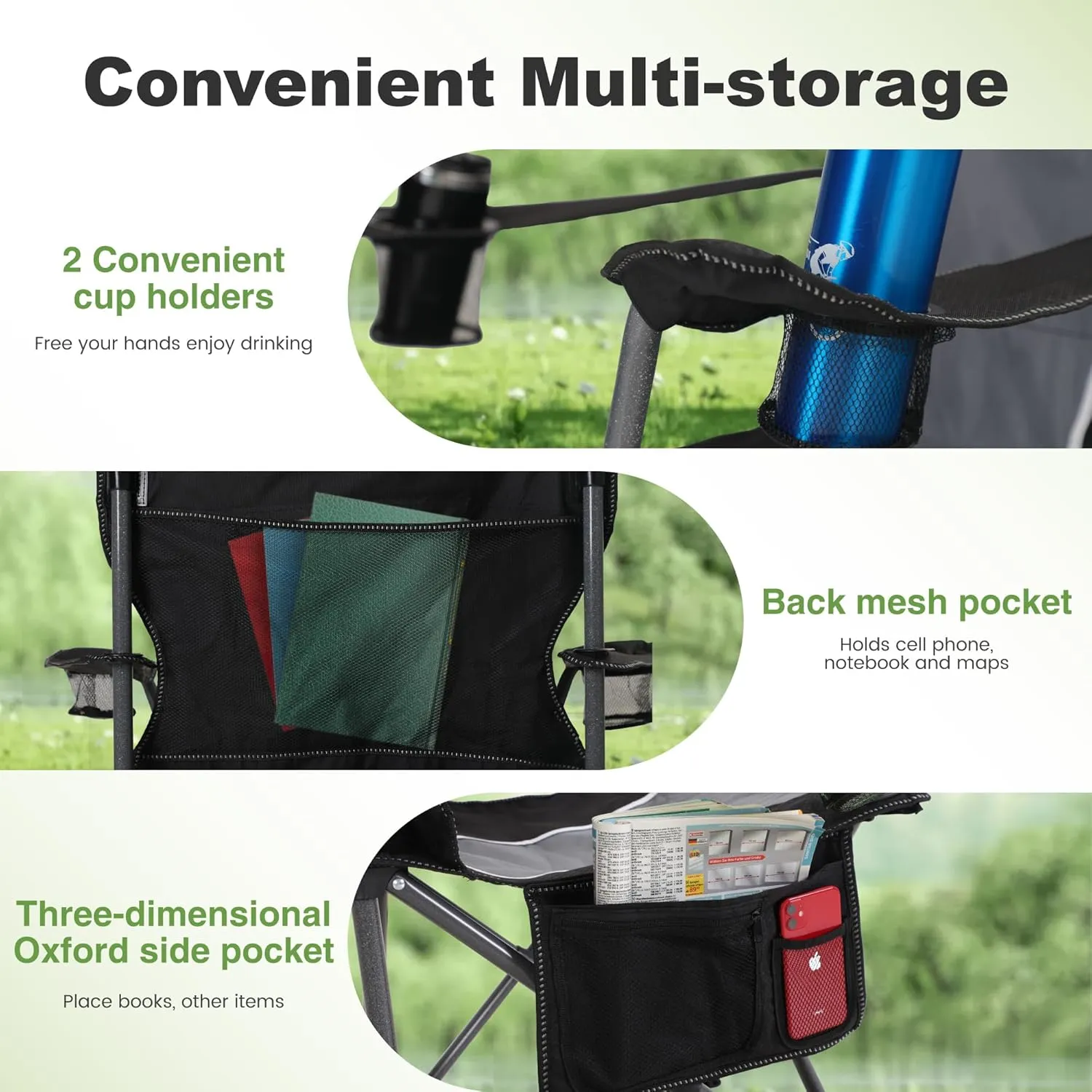 LET'S CAMP Oversized Outdoor Folding Camping Chair, 2 Pack Heavy Duty Arm Chairs with Cup Holder and Storage Bag, 350 LBS Weight Capacity, Grey