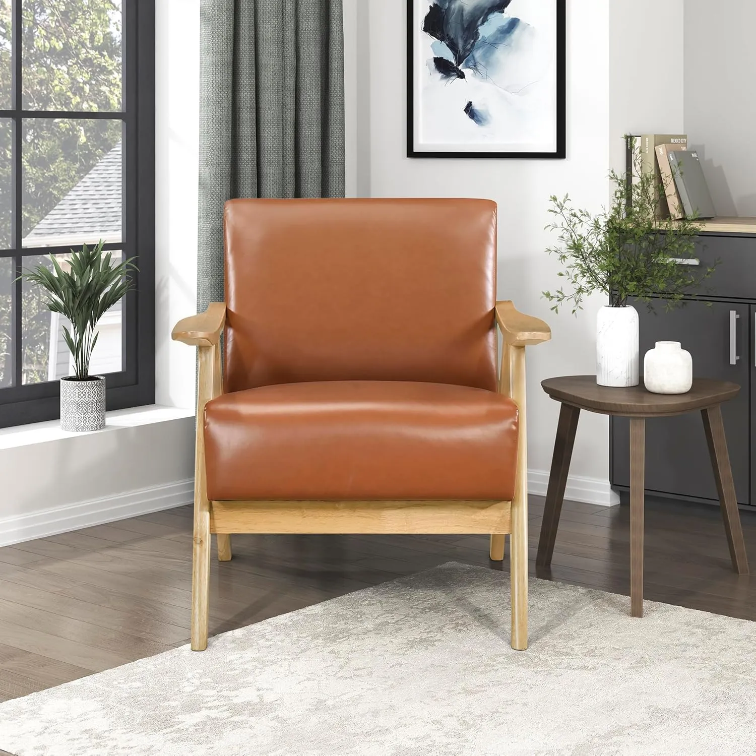 Lexicon Mid Century Modern Accent Chair with Solid Wood Frame in Natural Finish, Faux Leather Living Room Lounge Arm Chair, Thick and Comfy Innerspring Seat Cushion, Brown