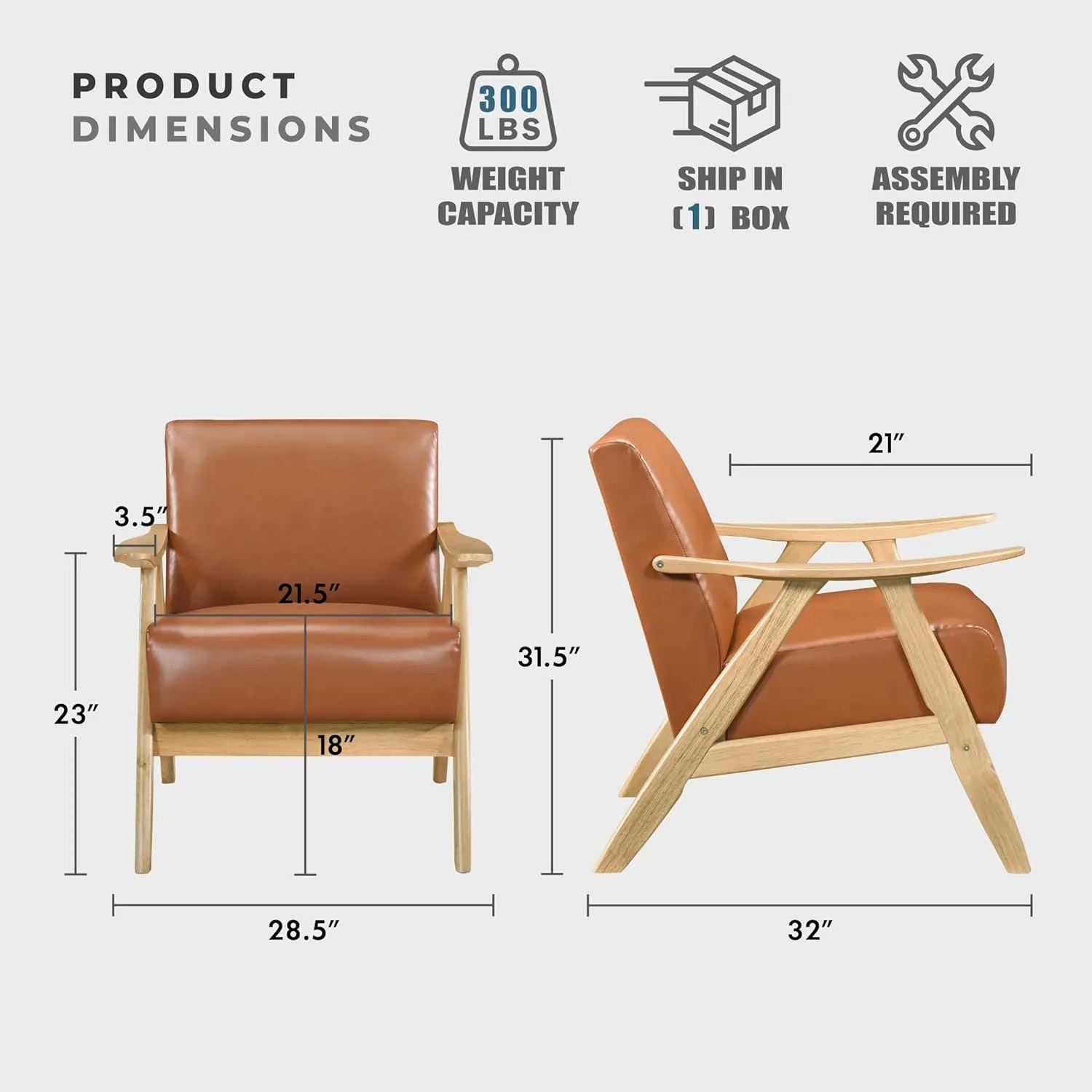 Lexicon Mid Century Modern Accent Chair with Solid Wood Frame in Natural Finish, Faux Leather Living Room Lounge Arm Chair, Thick and Comfy Innerspring Seat Cushion, Brown