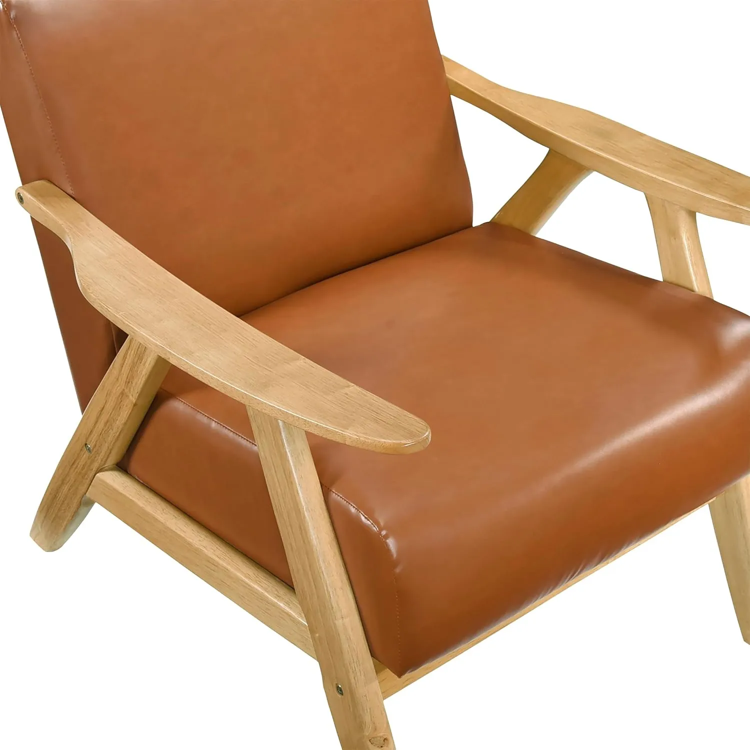 Lexicon Mid Century Modern Accent Chair with Solid Wood Frame in Natural Finish, Faux Leather Living Room Lounge Arm Chair, Thick and Comfy Innerspring Seat Cushion, Brown