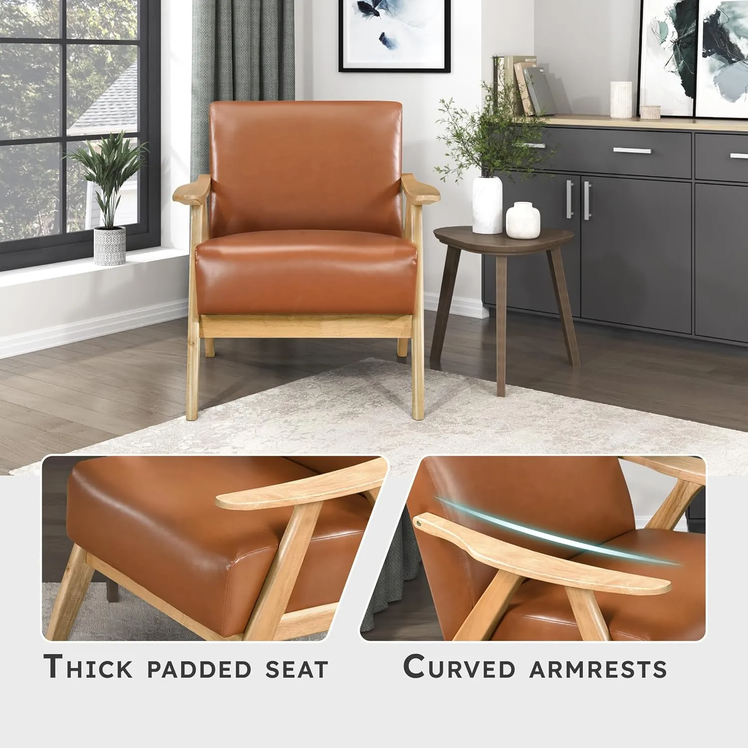 Lexicon Mid Century Modern Accent Chair with Solid Wood Frame in Natural Finish, Faux Leather Living Room Lounge Arm Chair, Thick and Comfy Innerspring Seat Cushion, Brown