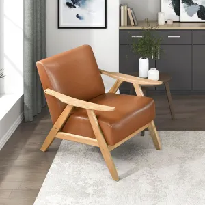 Lexicon Mid Century Modern Accent Chair with Solid Wood Frame in Natural Finish, Faux Leather Living Room Lounge Arm Chair, Thick and Comfy Innerspring Seat Cushion, Brown