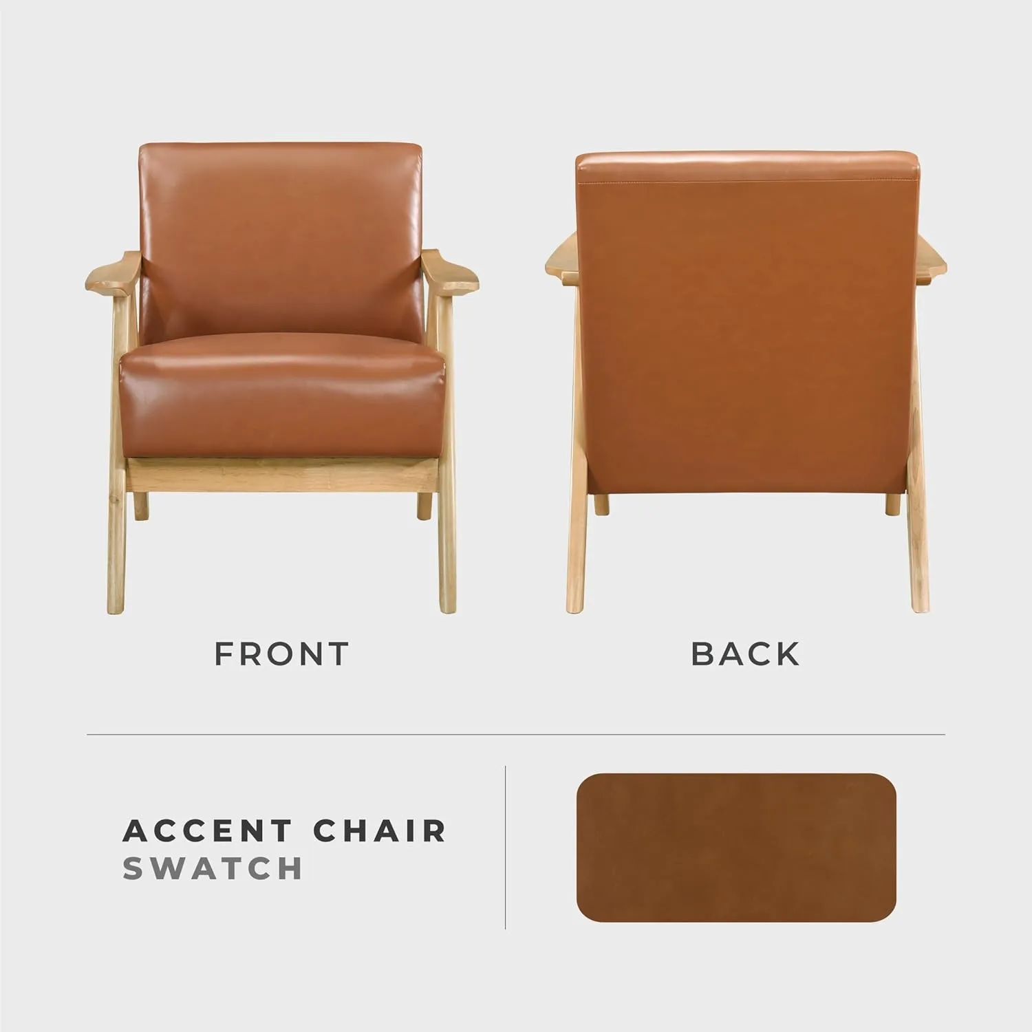 Lexicon Mid Century Modern Accent Chair with Solid Wood Frame in Natural Finish, Faux Leather Living Room Lounge Arm Chair, Thick and Comfy Innerspring Seat Cushion, Brown