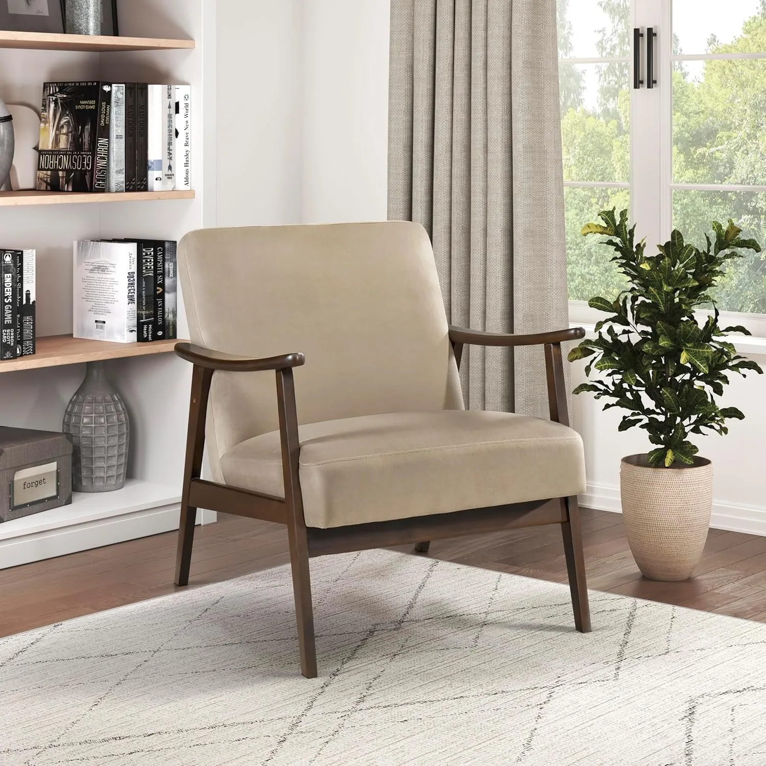 Lexicon Mid Century Modern Chair Velvet Accent Chair for Living Room Chair w/Solid Wood Armrests and Legs, Cushioned Seat and Backrest, Reading Chair and Lounge Chair for Bedrooms/Studios, Brown