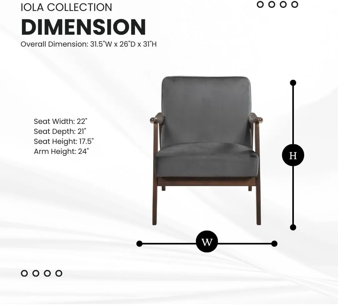 Lexicon Mid Century Modern Chair Velvet Accent Chair for Living Room Chair w/Solid Wood Armrests and Legs, Cushioned Seat and Backrest, Reading Chair and Lounge Chair for Bedrooms/Studios, Dark Grey