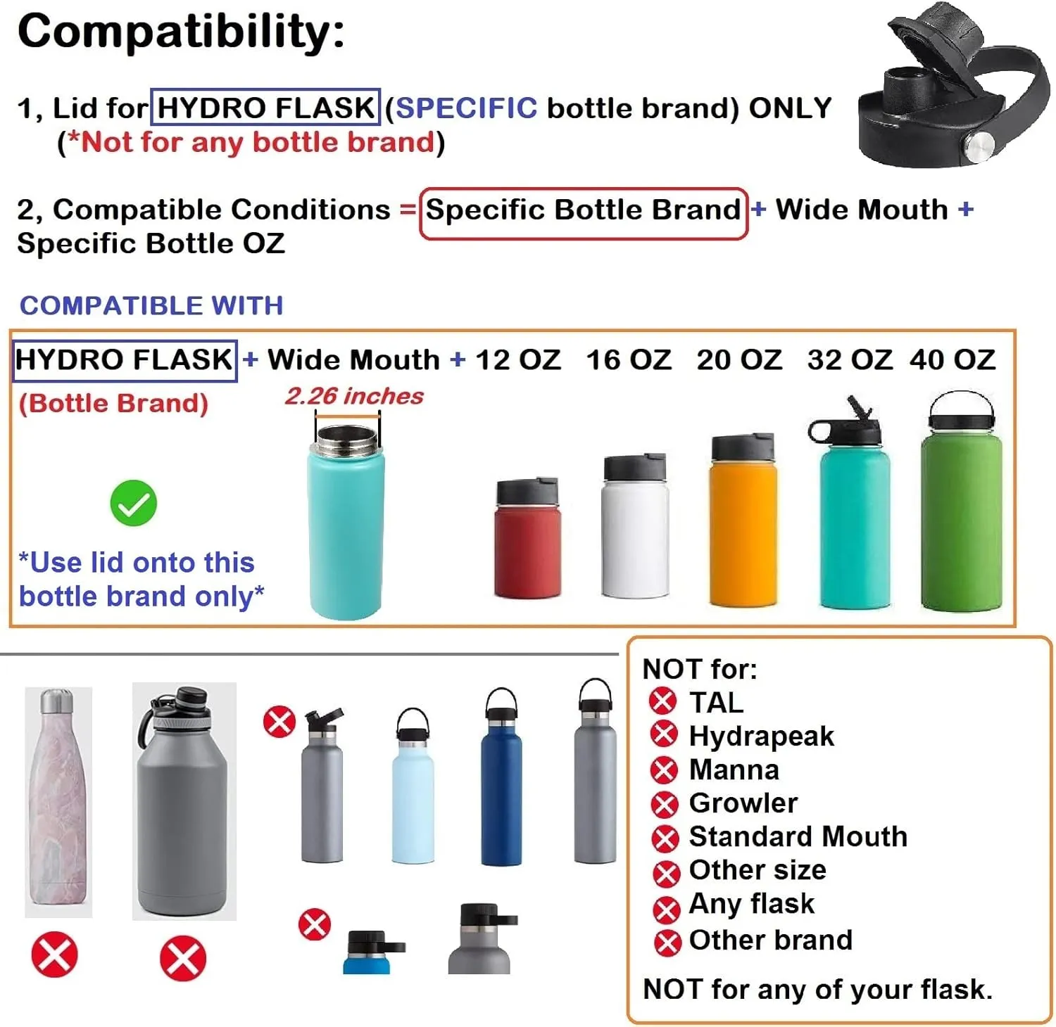 Lid for Hydro Flask 32 40 oz Wide Mouth, Replacement Lids Compatible with Hydro Flask Wide Mouth Water Bottle, Top Spout Lid with Handle, Wide Mouth Lid Chug Cap Accessories