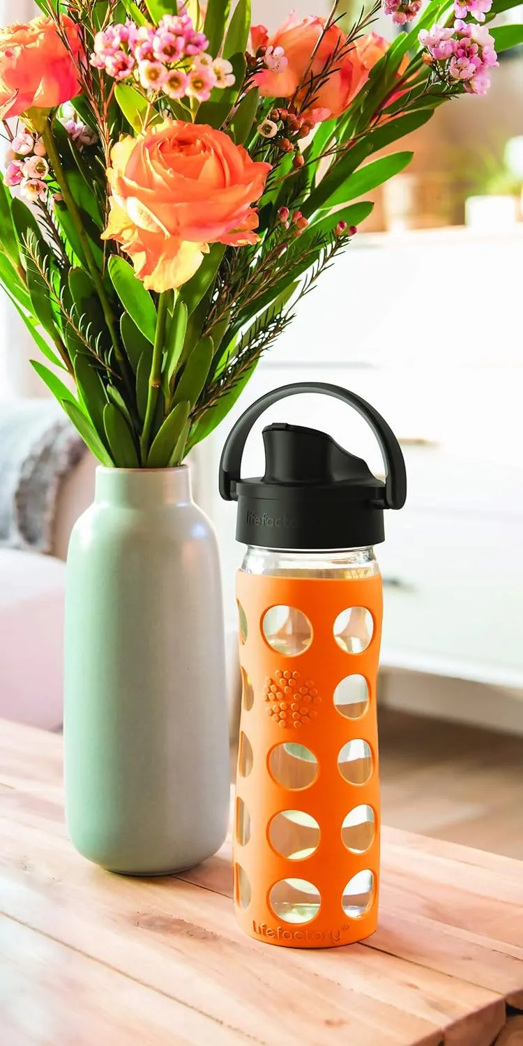 Lifefactory 12-Ounce Glass Water Bottle with Active Flip Cap and Protective Silicone Sleeve, Iris