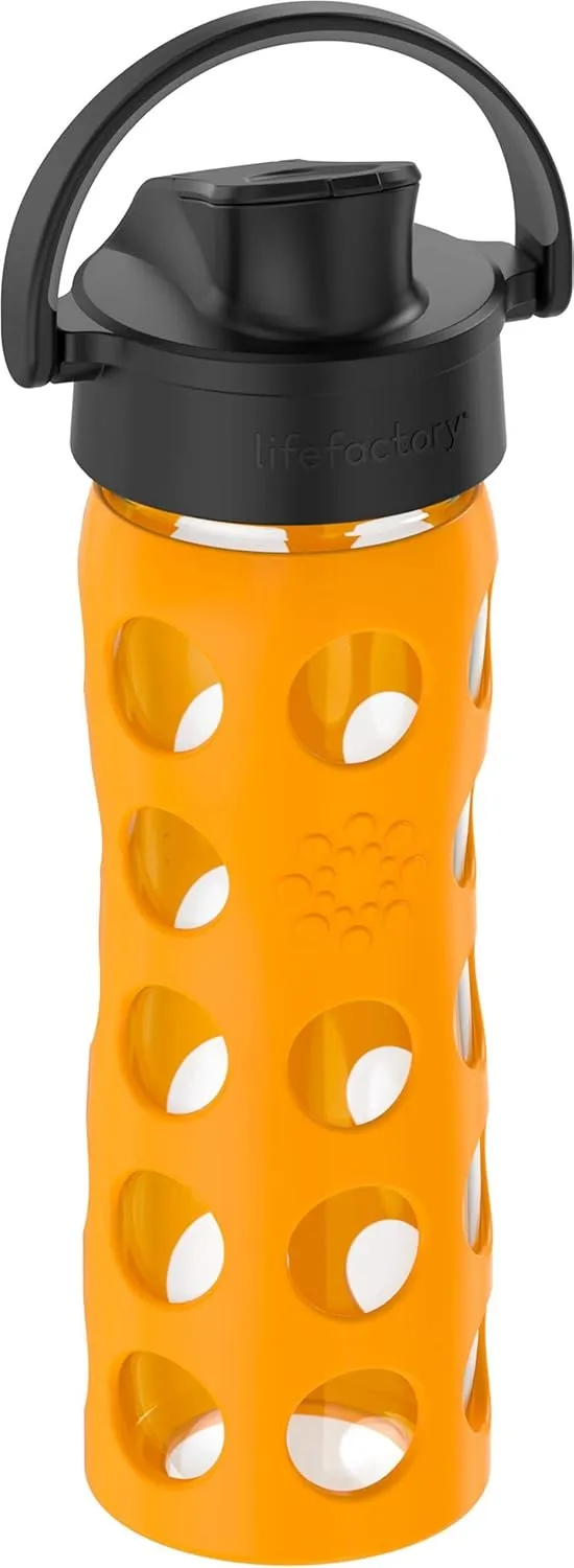 Lifefactory 16-Ounce Glass Water Bottle with Active Flip Cap and Protective Silicone Sleeve, Marigold