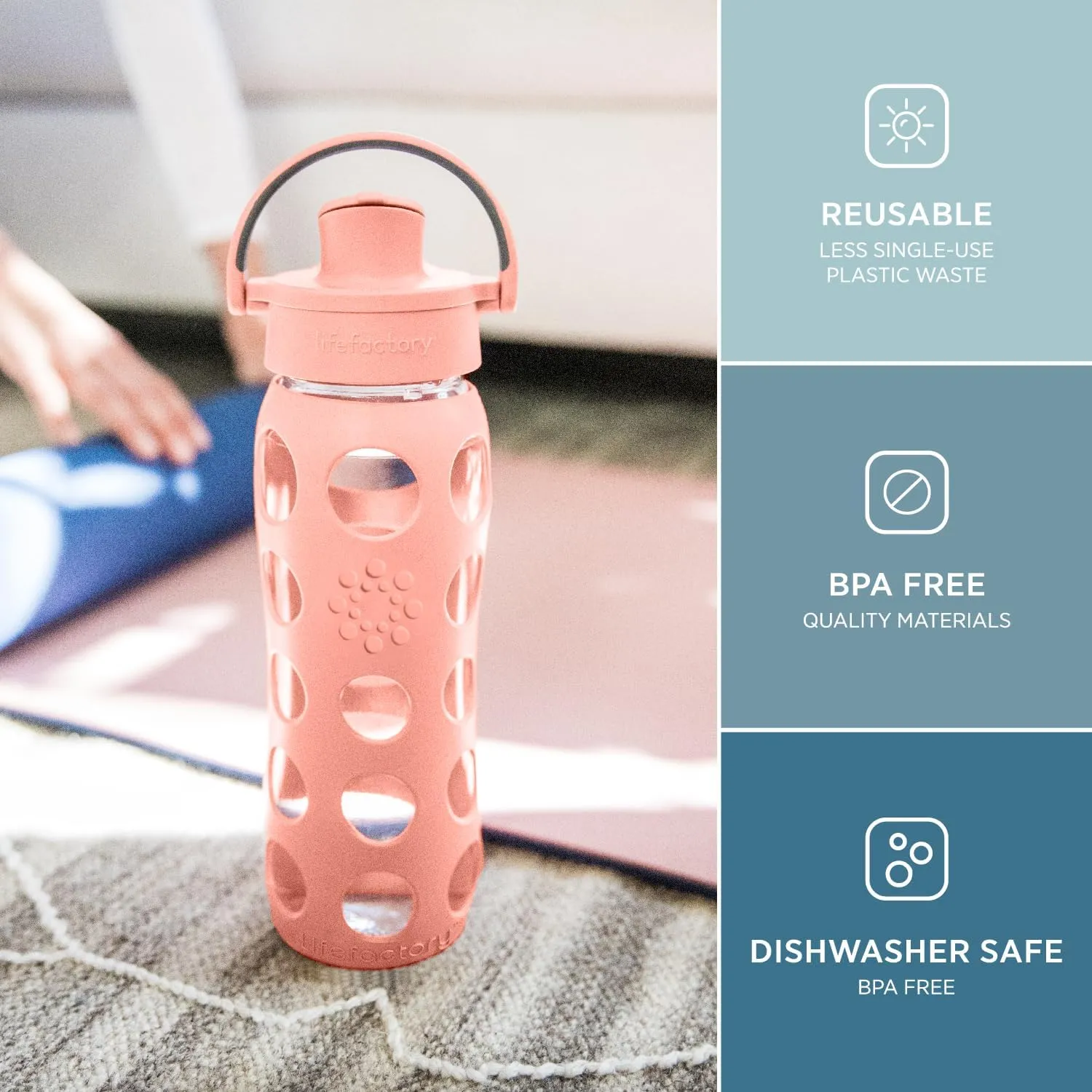 Lifefactory 16-Ounce Glass Water Bottle with Active Flip Cap and Protective Silicone Sleeve, Stone Gray