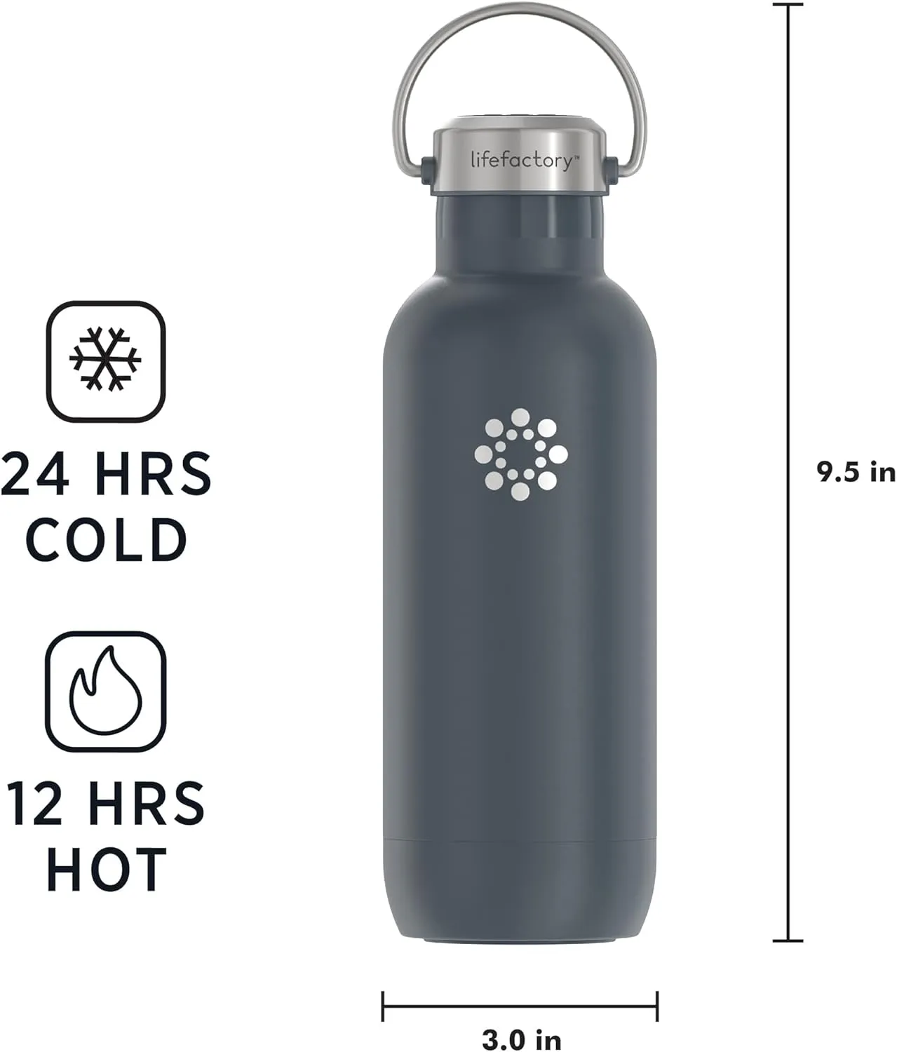 LIfeFactory Stainless Steel Vacuum-Insulated Sport Bottle, 20 Ounce, Carbon