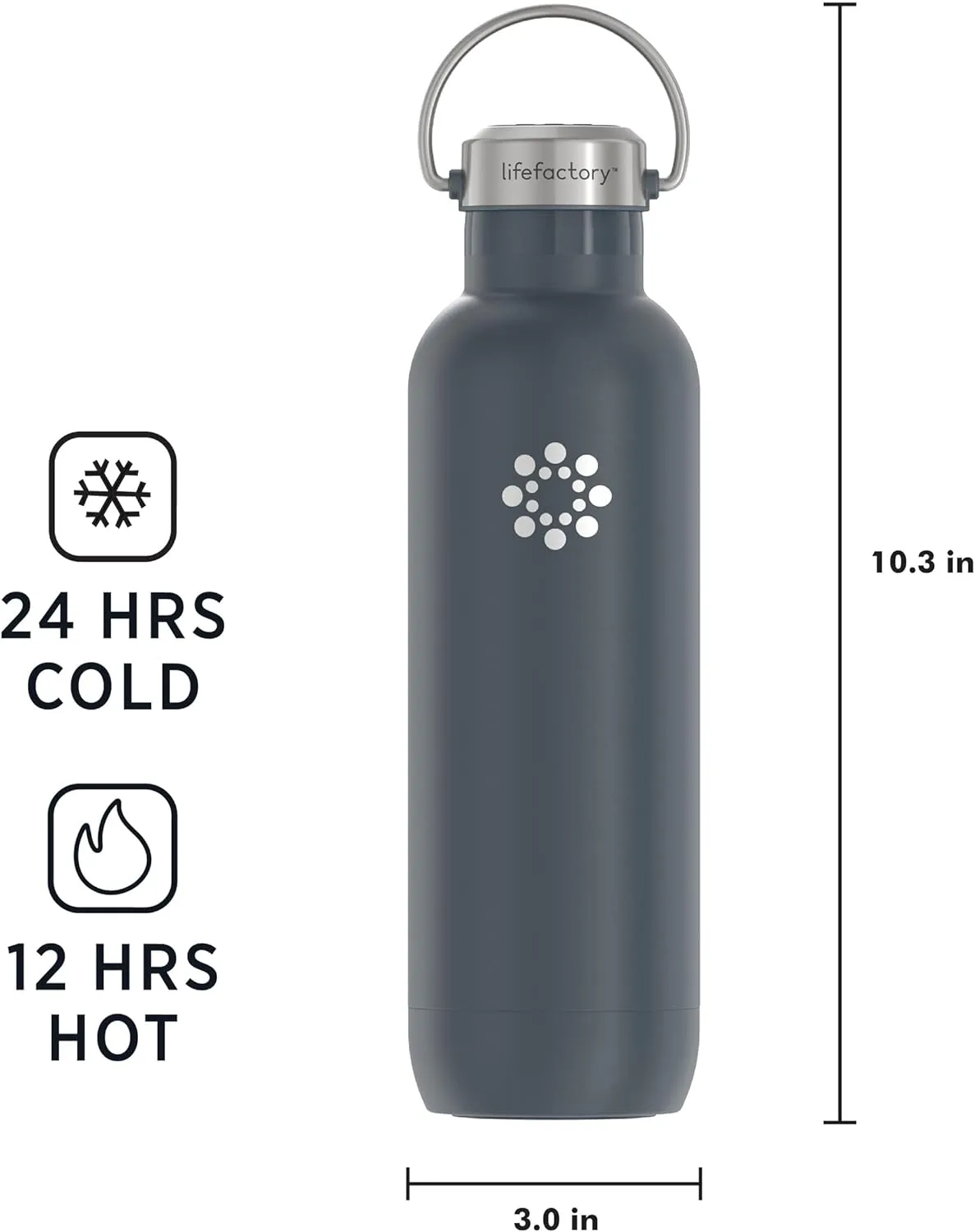 LIfeFactory Stainless Steel Vacuum-Insulated Sport Bottle, 24 Ounce, Carbon