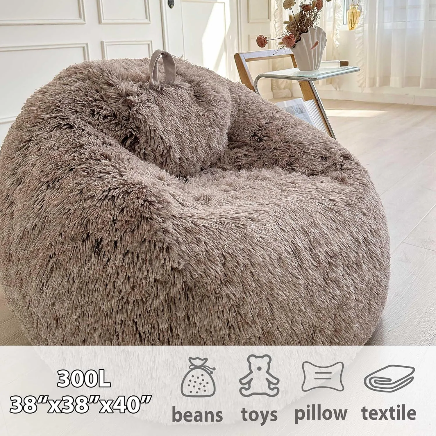LIFEREVO Faux Fur Stuffed Animal Storage Bean Bag Chair Cover (No Filler), Washable Fluffy Large Bean Bag Cover for Adults Girls, Furry Beanbag Cover for Textile Plush Toys Memory Foam (Ombre Khaki)
