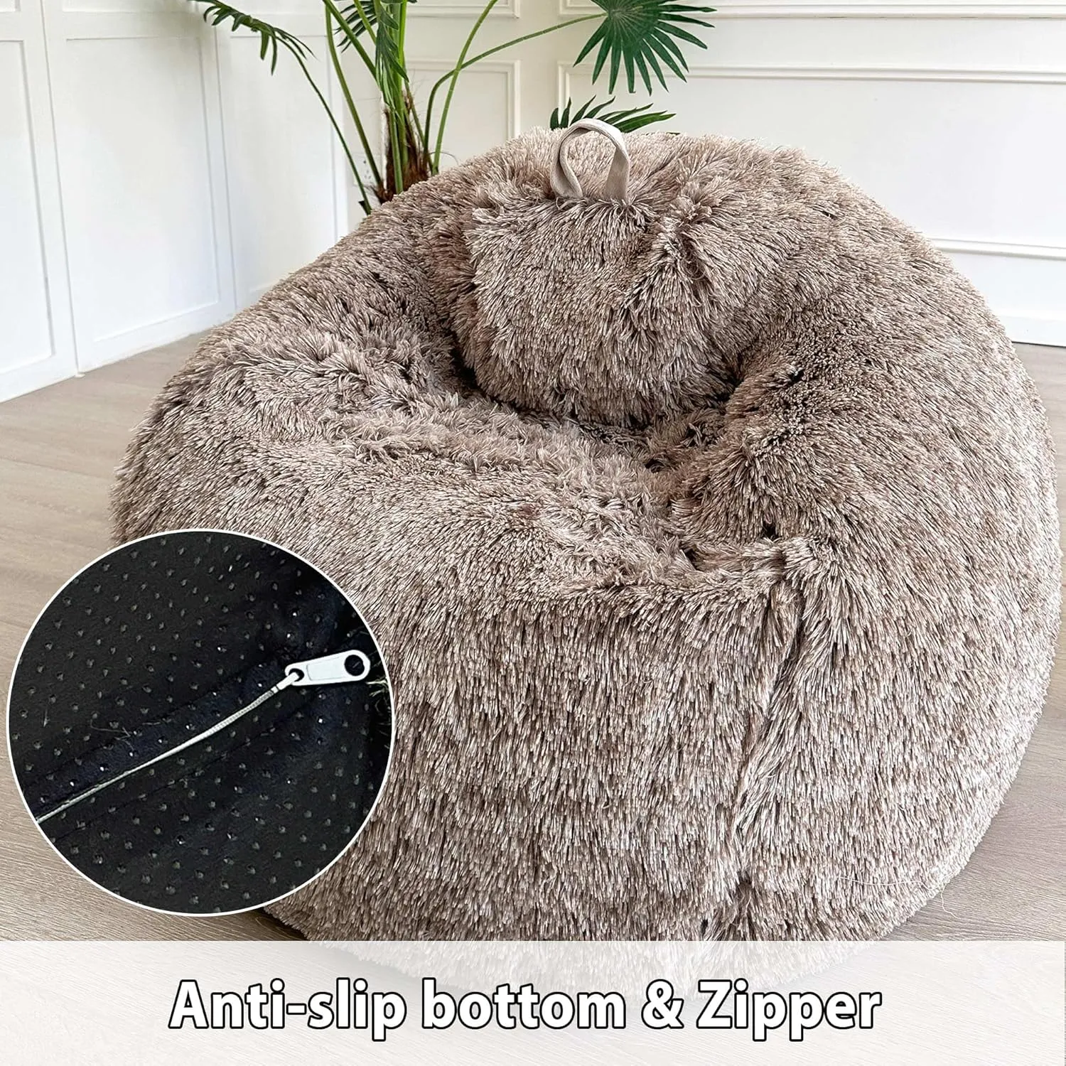 LIFEREVO Faux Fur Stuffed Animal Storage Bean Bag Chair Cover (No Filler), Washable Fluffy Large Bean Bag Cover for Adults Girls, Furry Beanbag Cover for Textile Plush Toys Memory Foam (Ombre Khaki)