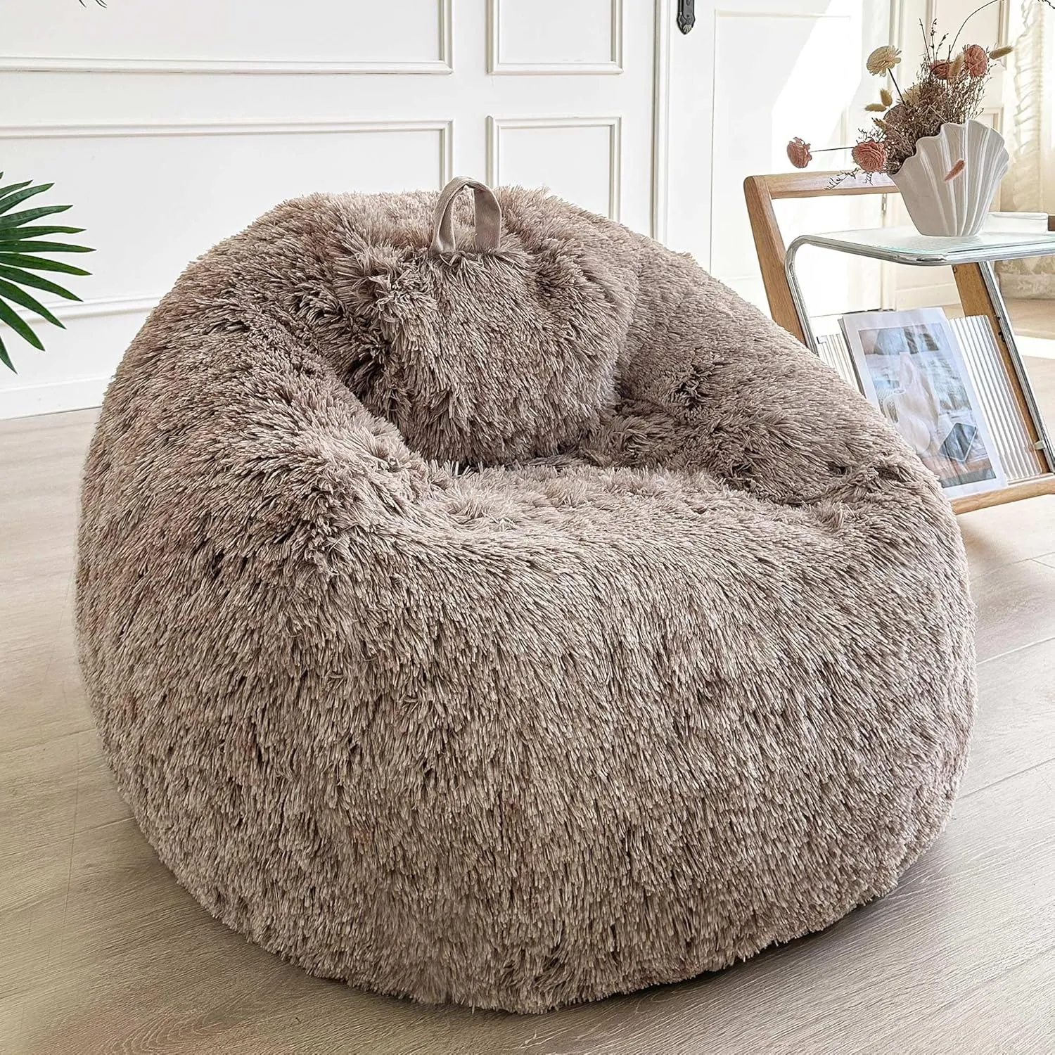 LIFEREVO Faux Fur Stuffed Animal Storage Bean Bag Chair Cover (No Filler), Washable Fluffy Large Bean Bag Cover for Adults Girls, Furry Beanbag Cover for Textile Plush Toys Memory Foam (Ombre Khaki)
