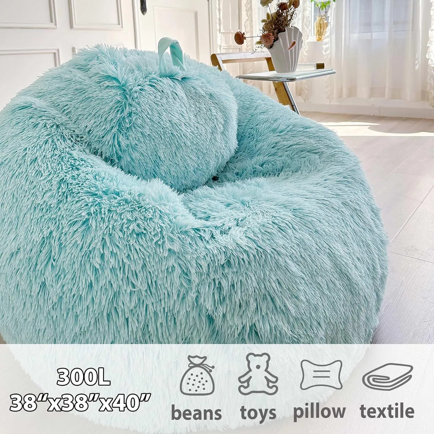 LIFEREVO Fluffy Bean Bag Chair Cover (No Filler), Soft Faux Fur Stuffed Animal Bean Bag Storage Cover for Adults Kids Teens, Furry Comfy Stuffy Beanbag for Plush Toys or Textile (Aqua Ombre)