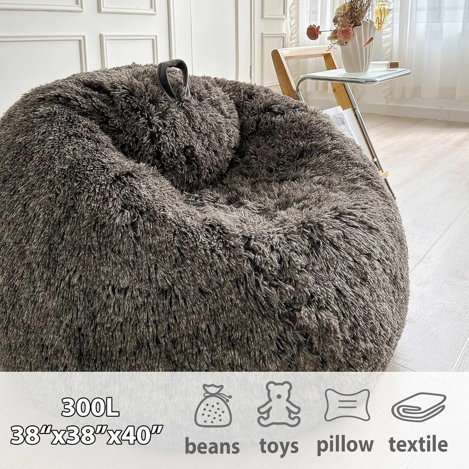 LIFEREVO Fluffy Bean Bag Chair Cover (No Filler), Soft Faux Fur Stuffed Animal Bean Bag Storage for Adults Teens, Furry Comfy Beanbag Cover for Plush Toys or Textile Anti-Slip (Ombre Dark Grey)