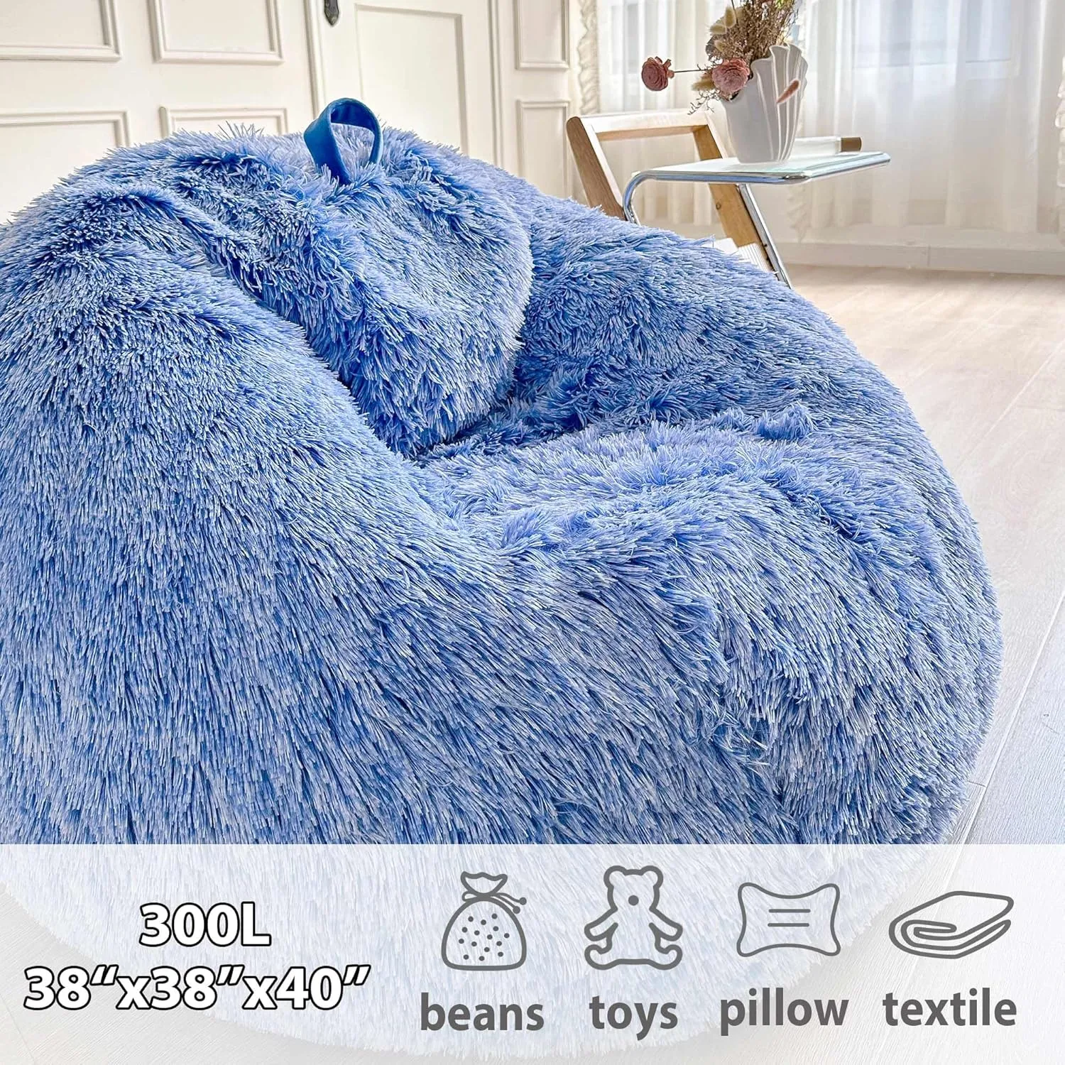 LIFEREVO Fluffy Faux Fur Bean Bag Chair Cover Blue (No Filler), Ultra-Soft Stuffed Animal Storage Bean Bag Kids Adults, Premium Anti-Slip Furry Beanbag Cover for Plush Toys Memory Foam (Ombre Blue)