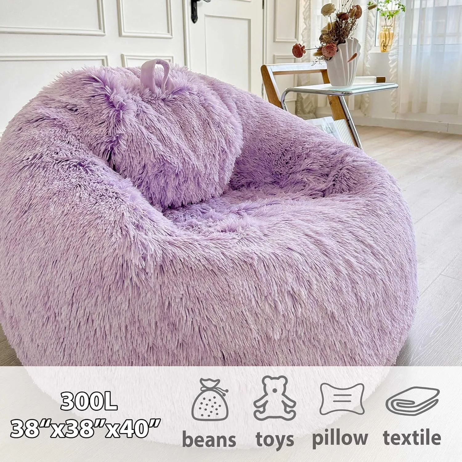 LIFEREVO Fluffy Faux Fur Bean Bag Chair Cover (No Filler), Ultra-Soft Light Purple Stuffed Animal Storage Bean Bag Cover, Anti-Slip Fuzzy Gaming Bean Bag Cover for for Kids Adults (Ombre Lavender)