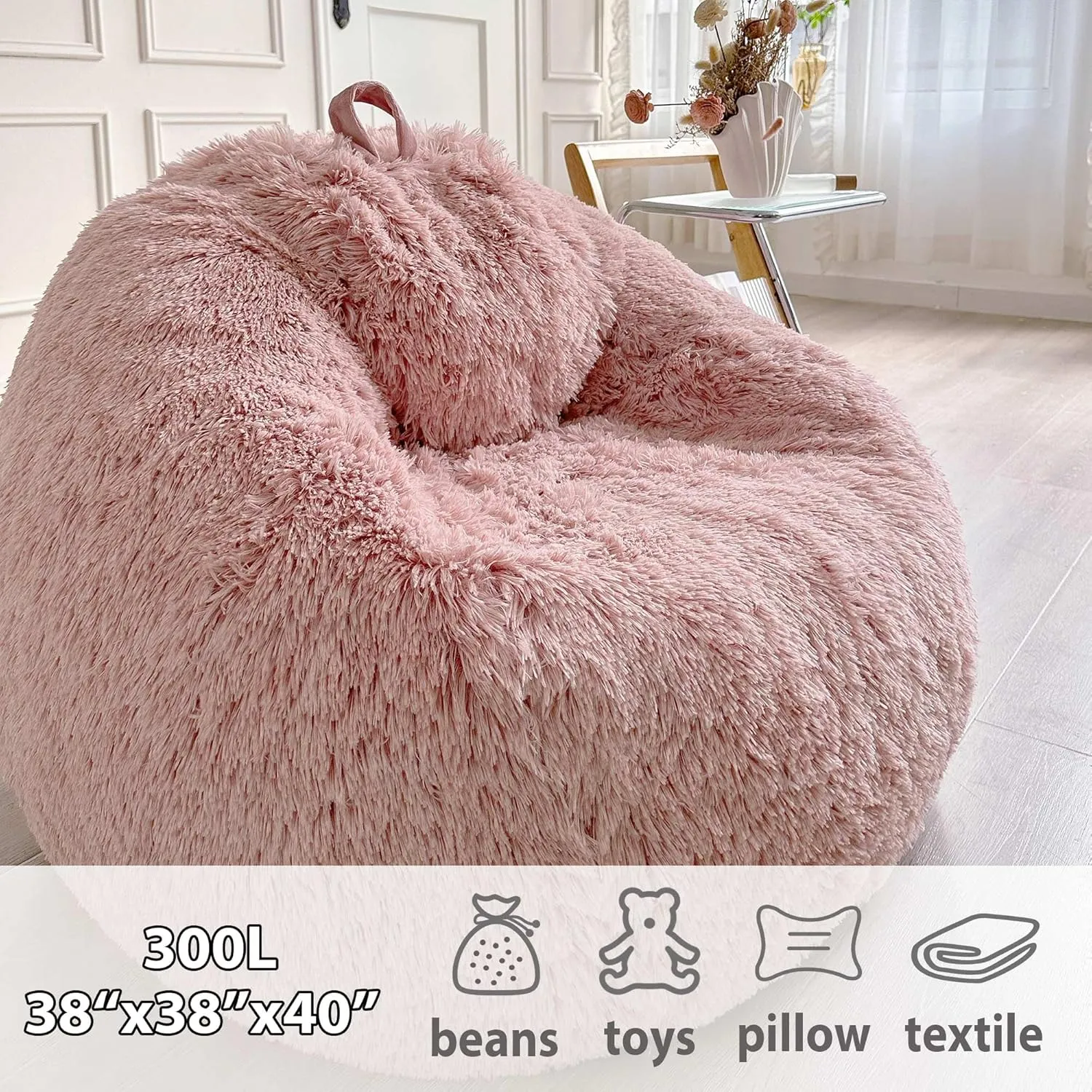 LIFEREVO Fluffy Faux Fur Bean Bag Chair Cover (No Filler), Ultra-Soft Stuffed Animal Storage Bean Bag Cover for Kids Adults, Premium Furry Bean Bag Cover for Organizing Plush Toys (Ombre Old Pink)