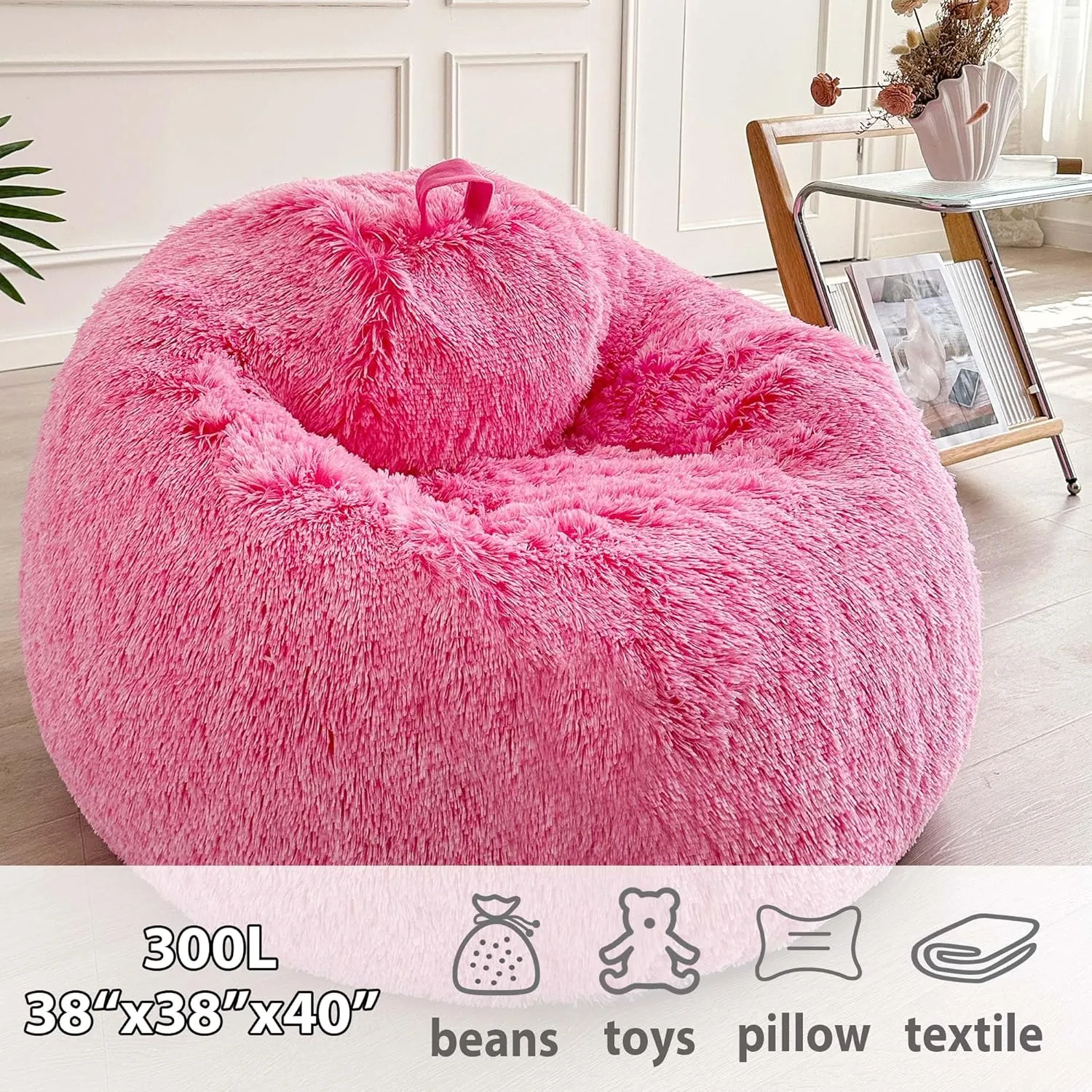 LIFEREVO Fluffy Faux Fur Bean Bag Chair Cover (No Filler), Ultra-Soft Stuffed Animal Storage Bean Bag Cover for Kids Girls, Premium Furry Beanbag Cover for Organizing or Plush Toys (Ombre Hot Pink)