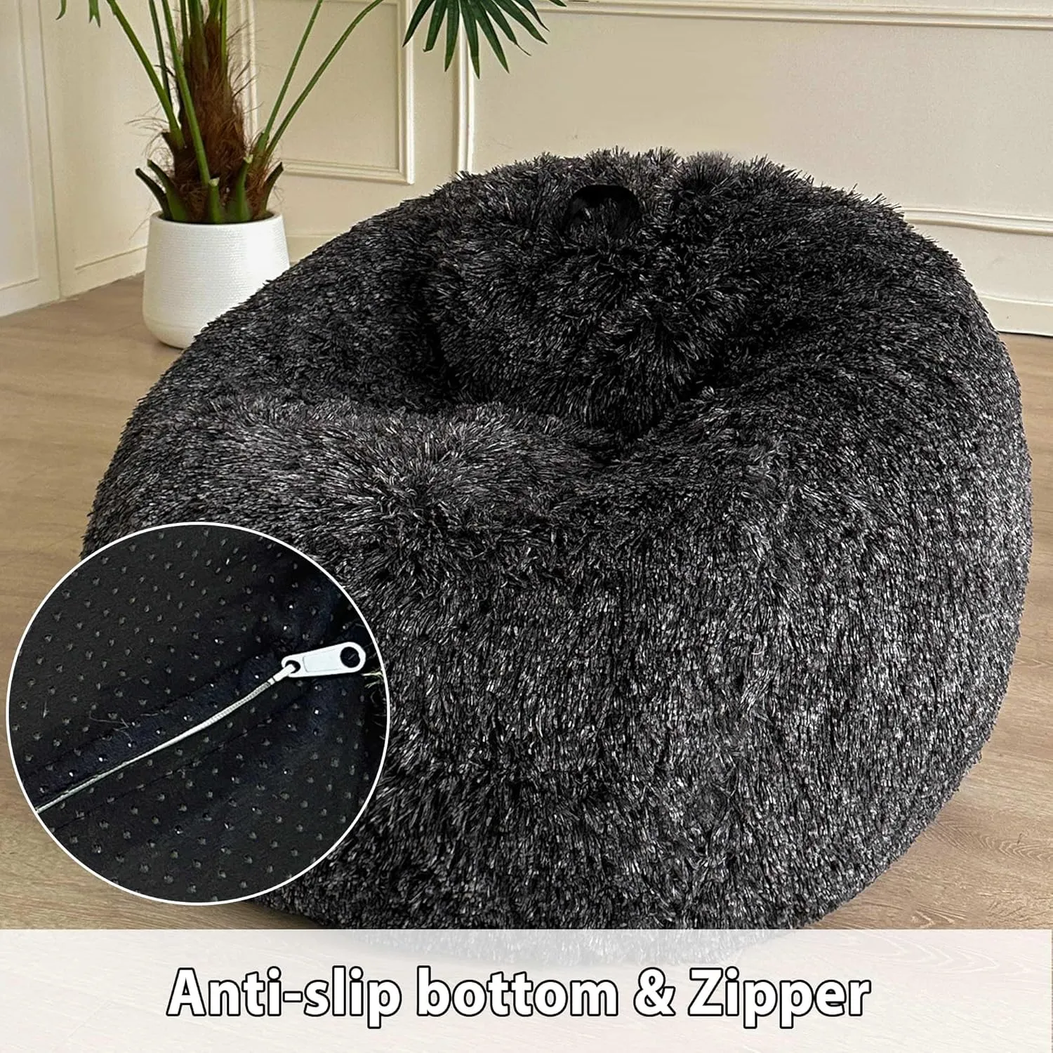 LIFEREVO Fluffy Faux Fur Bean Bag Chair Cover (No Filler), Ultra-Soft Stuffed Animal Storage Bean Bag for Kids Adults, Premium Fuzzy Furry Beanbag Cover for Organizing Plush Toys (Ombre Black)