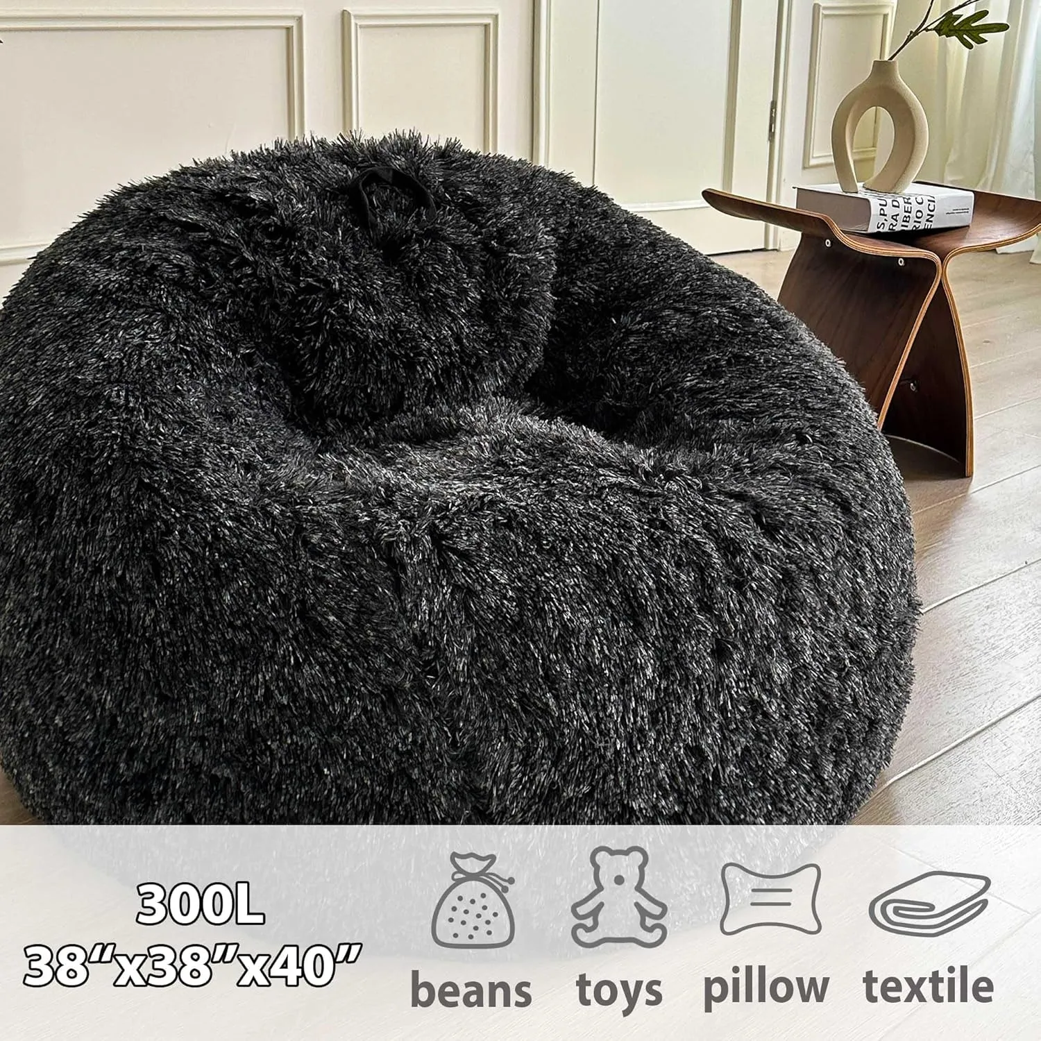 LIFEREVO Fluffy Faux Fur Bean Bag Chair Cover (No Filler), Ultra-Soft Stuffed Animal Storage Bean Bag for Kids Adults, Premium Fuzzy Furry Beanbag Cover for Organizing Plush Toys (Ombre Black)