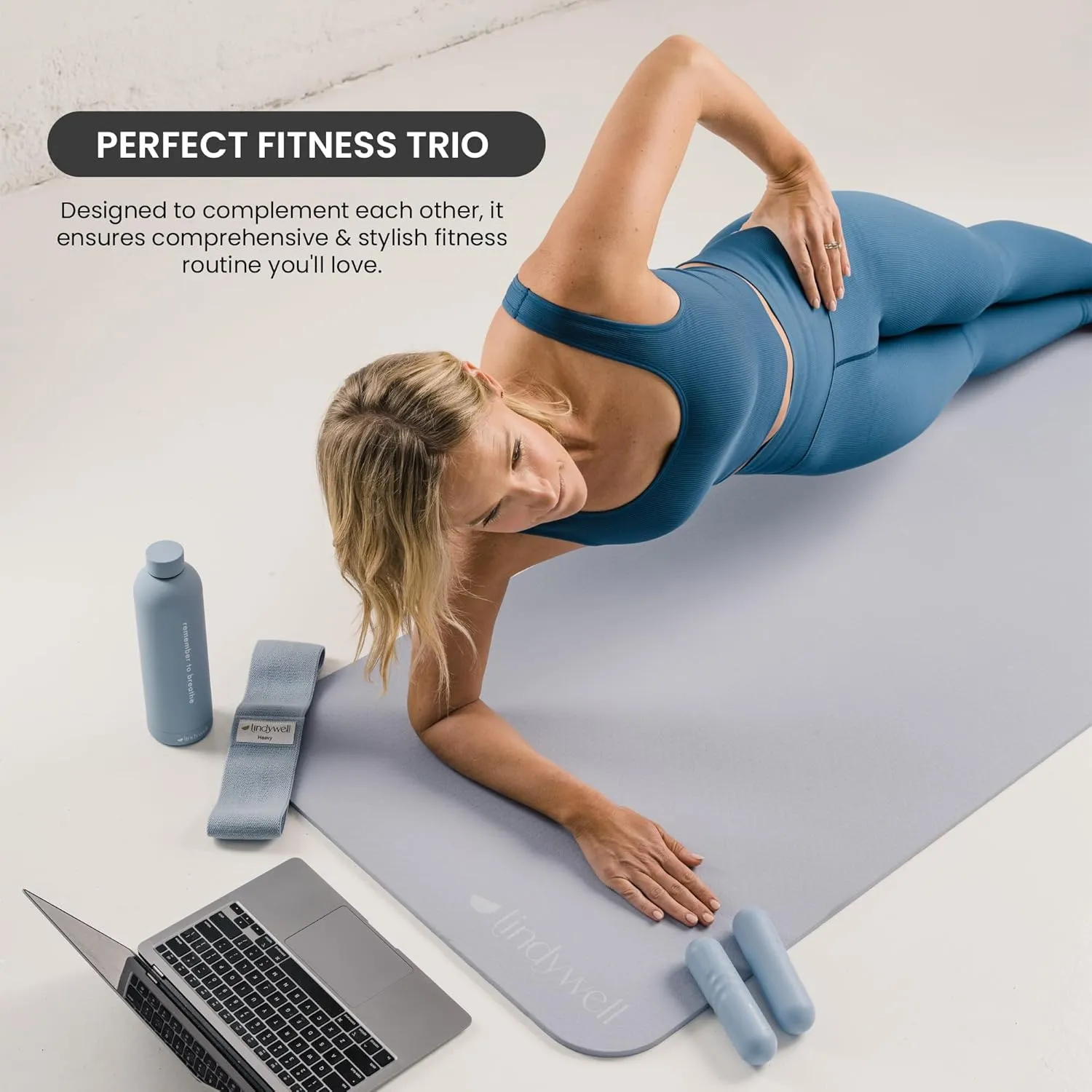 Lindywell Home Pilates Equipment -3 Colors Fabric Resistance Bands, Insulated Stainless Steel Water Bottle, 2LB Hand Weights - Complete Women & Men Exercise Workout Kit for Training & Hydration