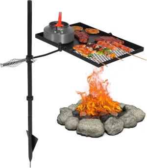 Lineslife Swivel Campfire Grill Grate and Griddle, Adjustable Fire Pit Grill Grate Over Fire Pit, Camp Fire Cooking Equipment with Carrying Bag for Outdoor Camping BBQ, Rectangle Black
