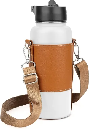 Linkidea Vegan Leather Water Bottle Carrier with Strap Compatible with Hydro Flask Wide Mouth 32oz, Iron Flask, Waterbottle Sling Bag Holder with Shoulder Strap