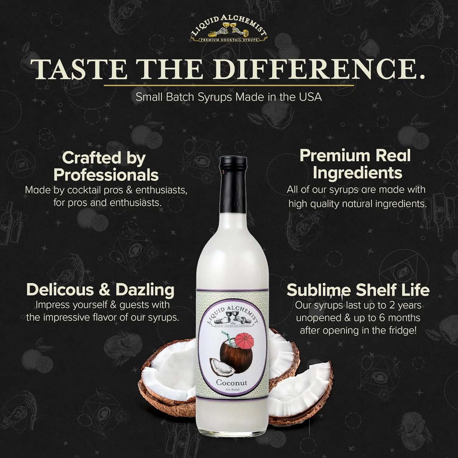 Liquid Alchemist Coconut Syrup for Drinks - Real Ingredients Make our Cream of Coconut Syrup a Perfect Pina Colada Drink Mix - Tropical Flavoring for Drinks - Vegan & Non-GMO (12 oz)