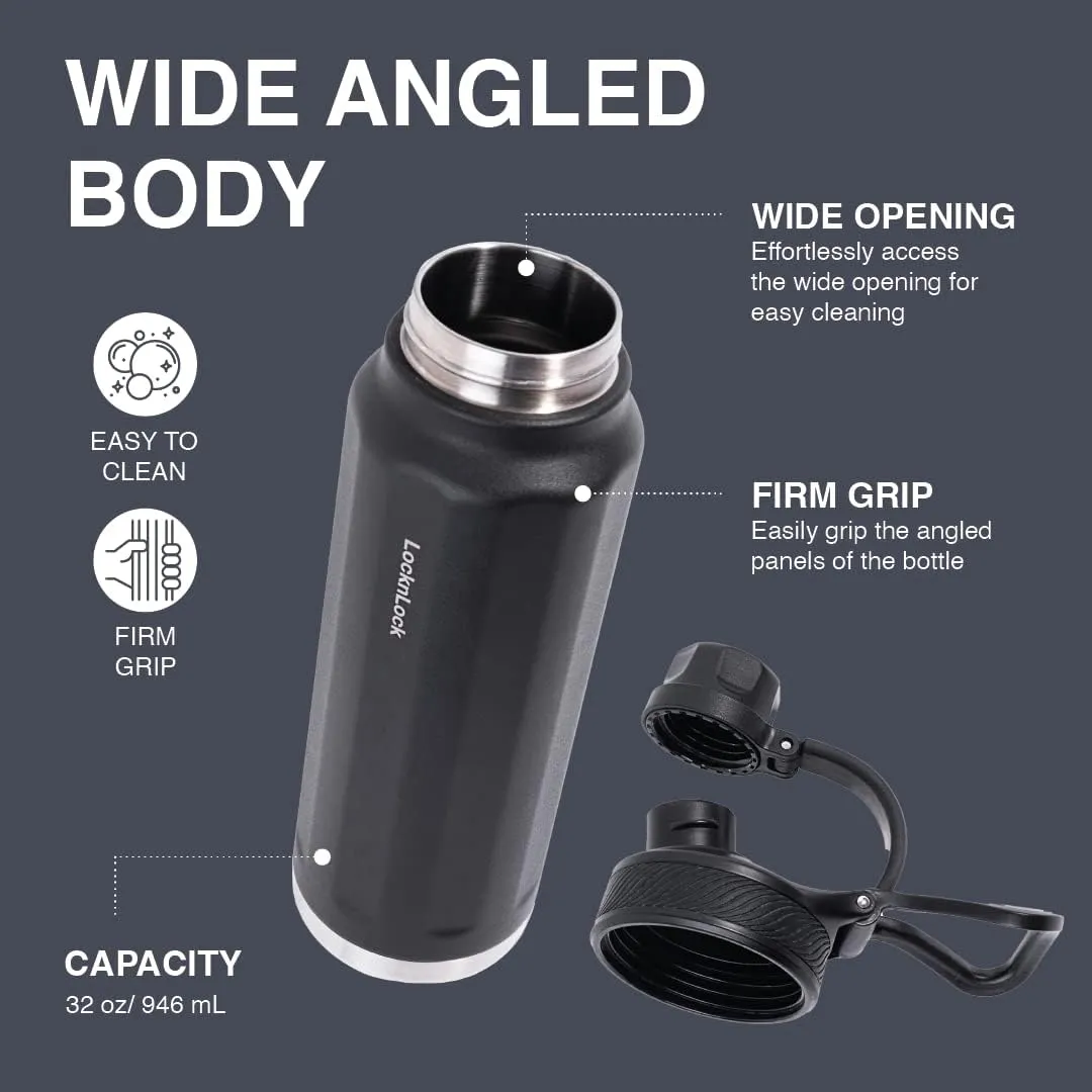 LocknLock Trek Bottle Stainless Steel Double Wall Insulated, 32 oz, Black