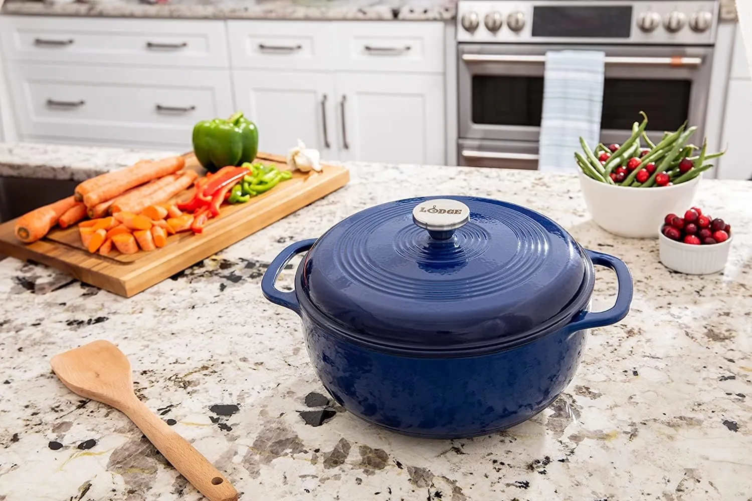 Lodge 3 Quart Enameled Cast Iron Dutch Oven with Lid – Dual Handles – Oven Safe up to 500° F or on Stovetop - Use to Marinate, Cook, Bake, Refrigerate and Serve – Indigo