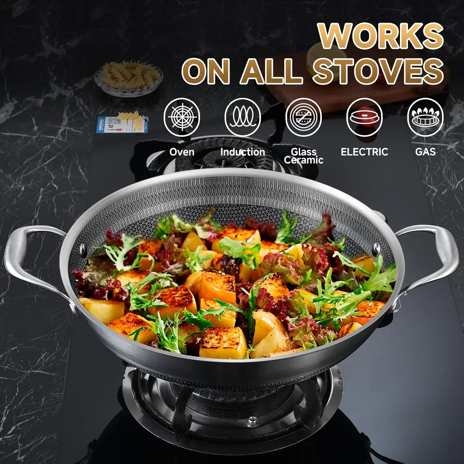LOLYKITCH 13 Inch New Hybrid Tri-Ply Stainless Steel Wok Pan with Lid,Ceramic Non Stick Stir-Fry Pans,Induction Cooking Pot,Dishwasher and Oven Safe