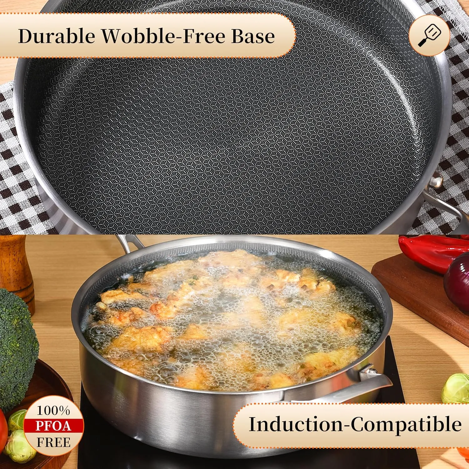 LOLYKITCH 5 QT Hybrid Ceramic Coating Non Stick Tri-Ply Stainless Steel Sauté Pan with Lid, 12 Inch Deep Frying Pan PFOA & PFOS Free,Induction Cooking Pan, Dishwasher and Oven Safe