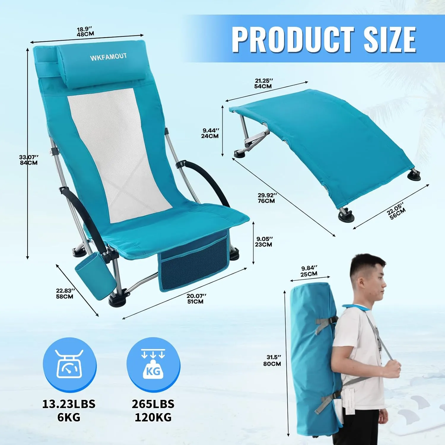 Low Folding Beach Chair 2 Pack with Footrest for Adults 265Lbs High Back Beach Chair Portable with Cup Holder Lightweight for Outdoor Sand Concert Travel Cyan