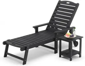 LUE BONA Chaise Lounge Chair with Table, 2-Piece,79'' Oversized HDPS Chaise Lounger, 5 Positions Adjustable Lounge Chairs, Pool Lounge Chair with Wheels for Poolside, Backyard, 3 Year Warranty, Black