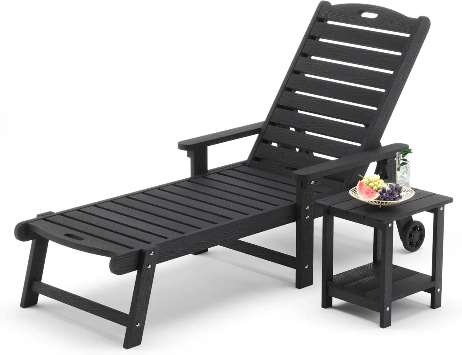 LUE BONA Chaise Lounge Chair with Table, 2-Piece,79'' Oversized HDPS Chaise Lounger, 5 Positions Adjustable Lounge Chairs, Pool Lounge Chair with Wheels for Poolside, Backyard, 3 Year Warranty, Black