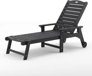 LUE BONA Outdoor Chaise Lounge, HDPS Material, 3-Year Warranty, Patio Lounge Chair with Adjustable Backrest, Resin Pool Lounge Chairs with Wheels for Outside, Poolside, Beach, Backyard, Garden, Black